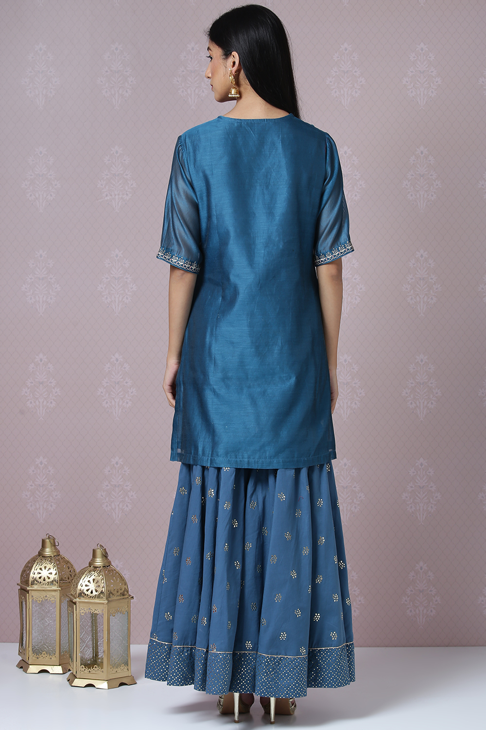 Teal Poly Cotton Kurta Garara Suit Set image number 4