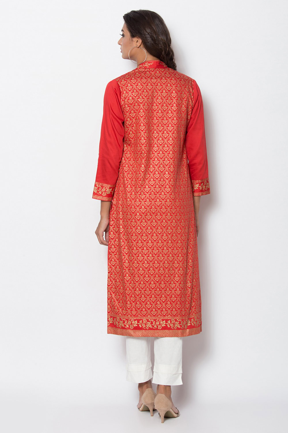 Red Cotton Front Open Printed Kurta image number 5