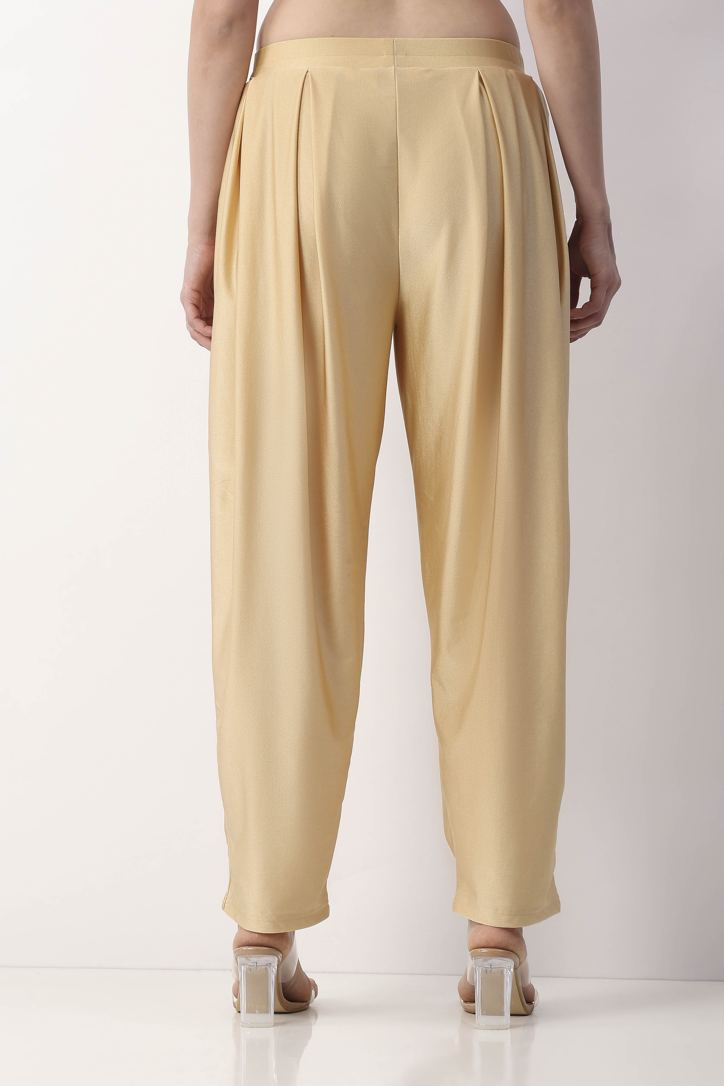 Gold Viscose Lycra Straight Solid Palazzos image number 4