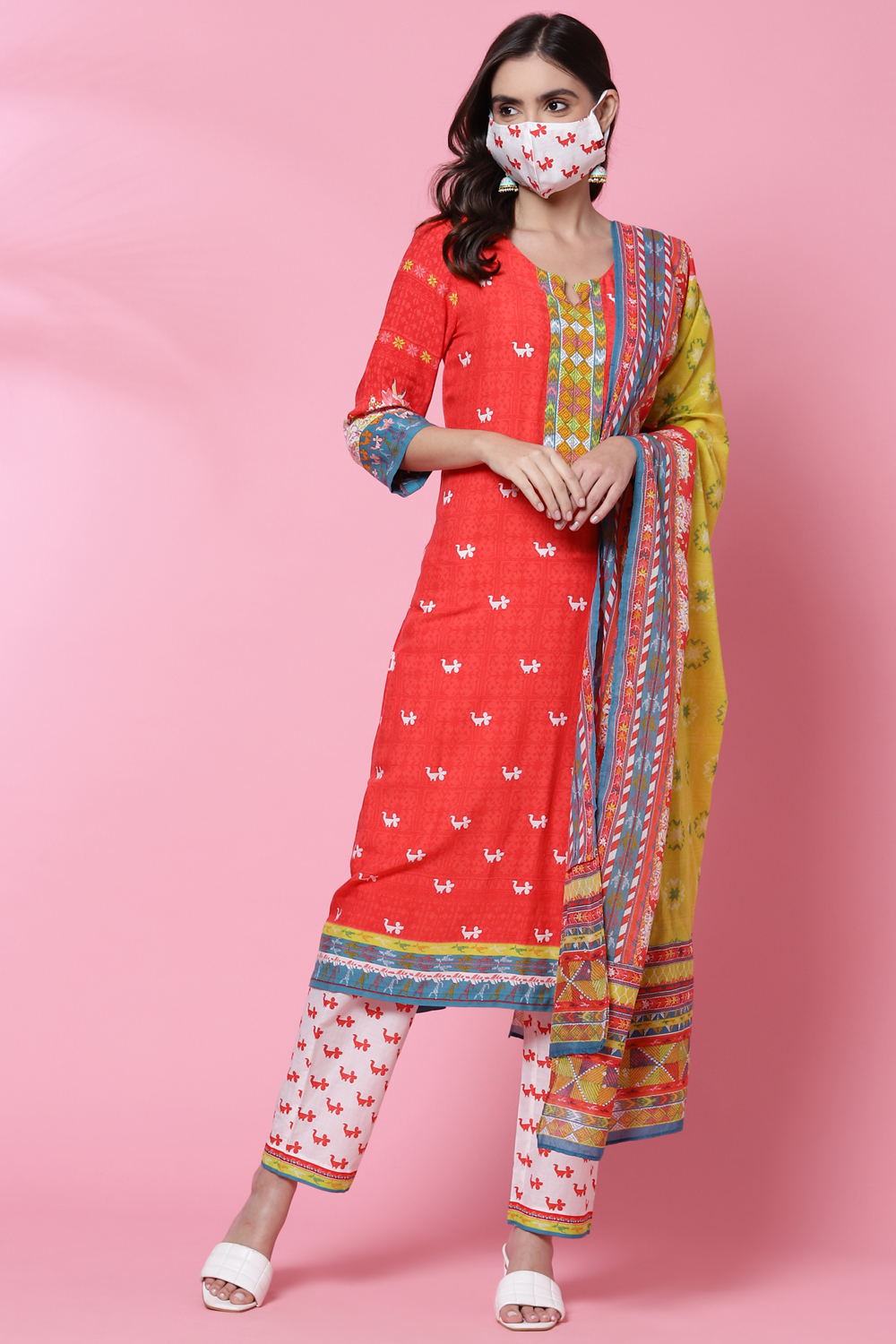 Red Rayon Straight Kurta Flared Palazzo Suit Set image number 4