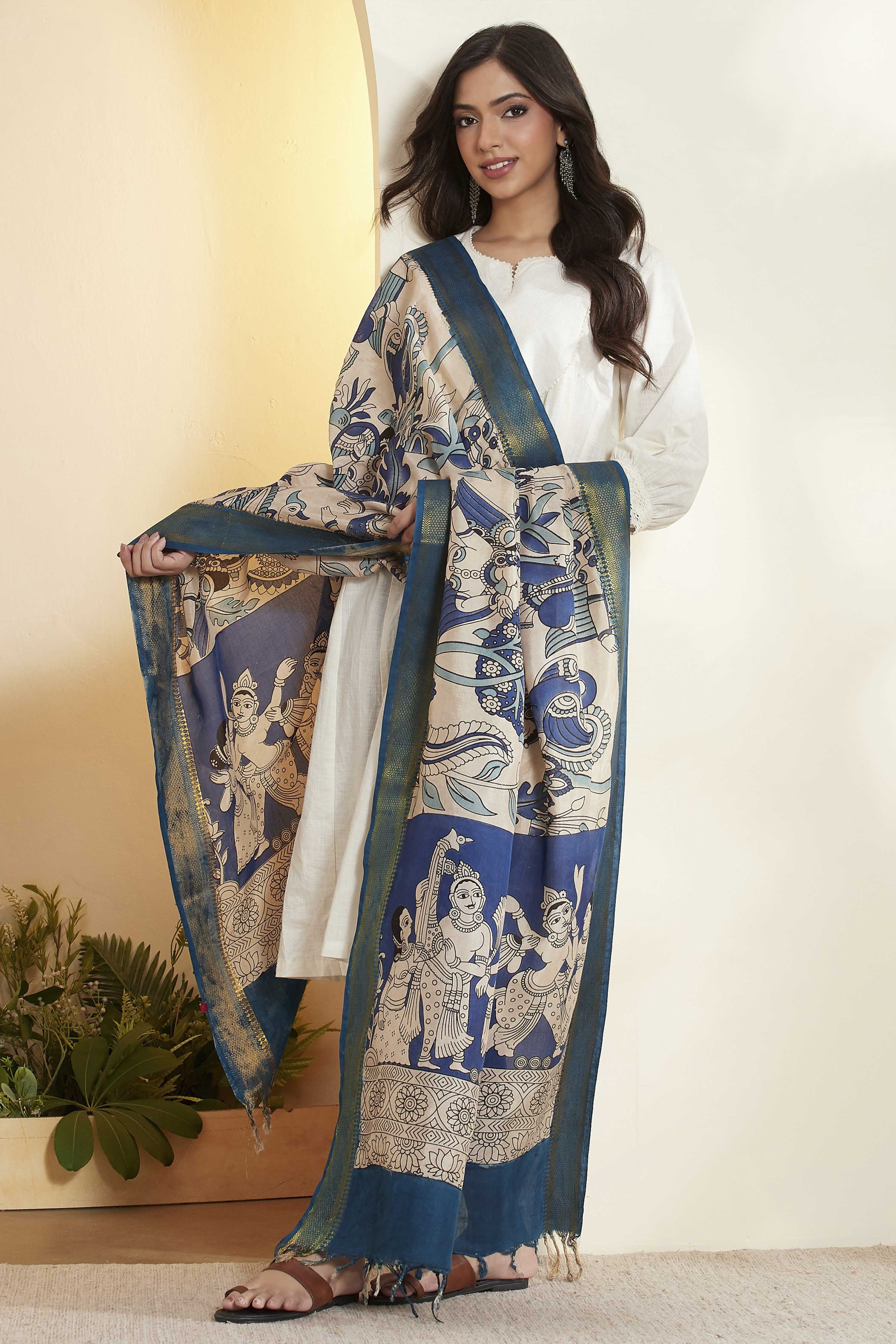 Blue Chennur Silk Printed Dupatta image number 0