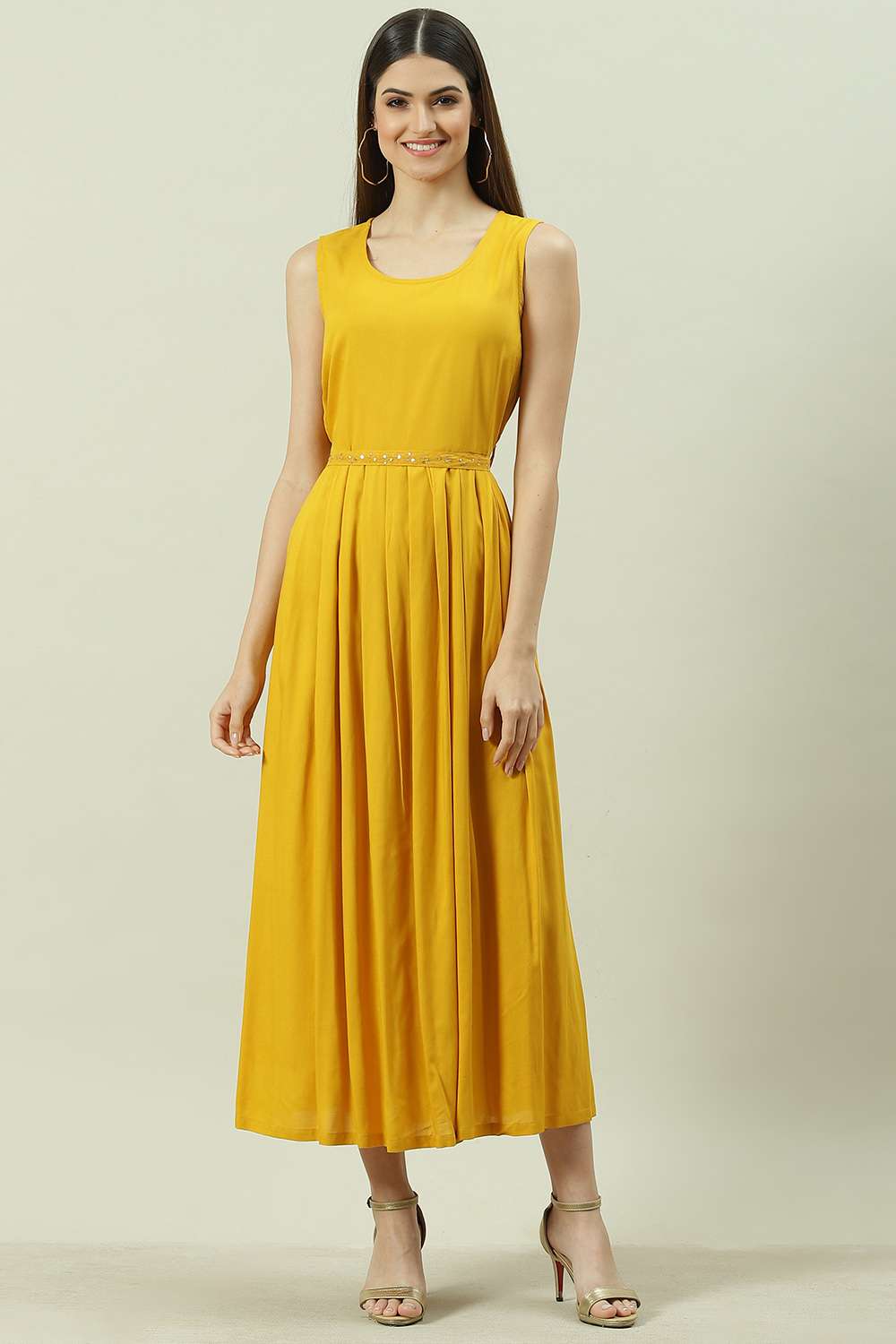 Mustard Art Silk Flared with Cape Dress at Biba India