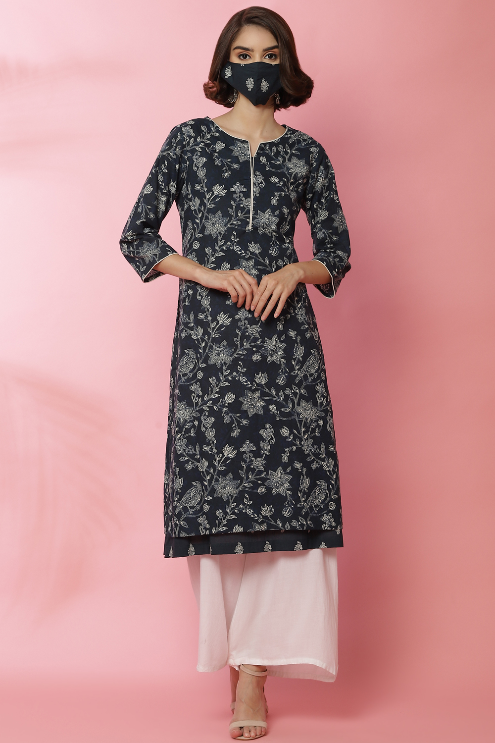 Navy Cotton Straight Printed Kurta image number 2