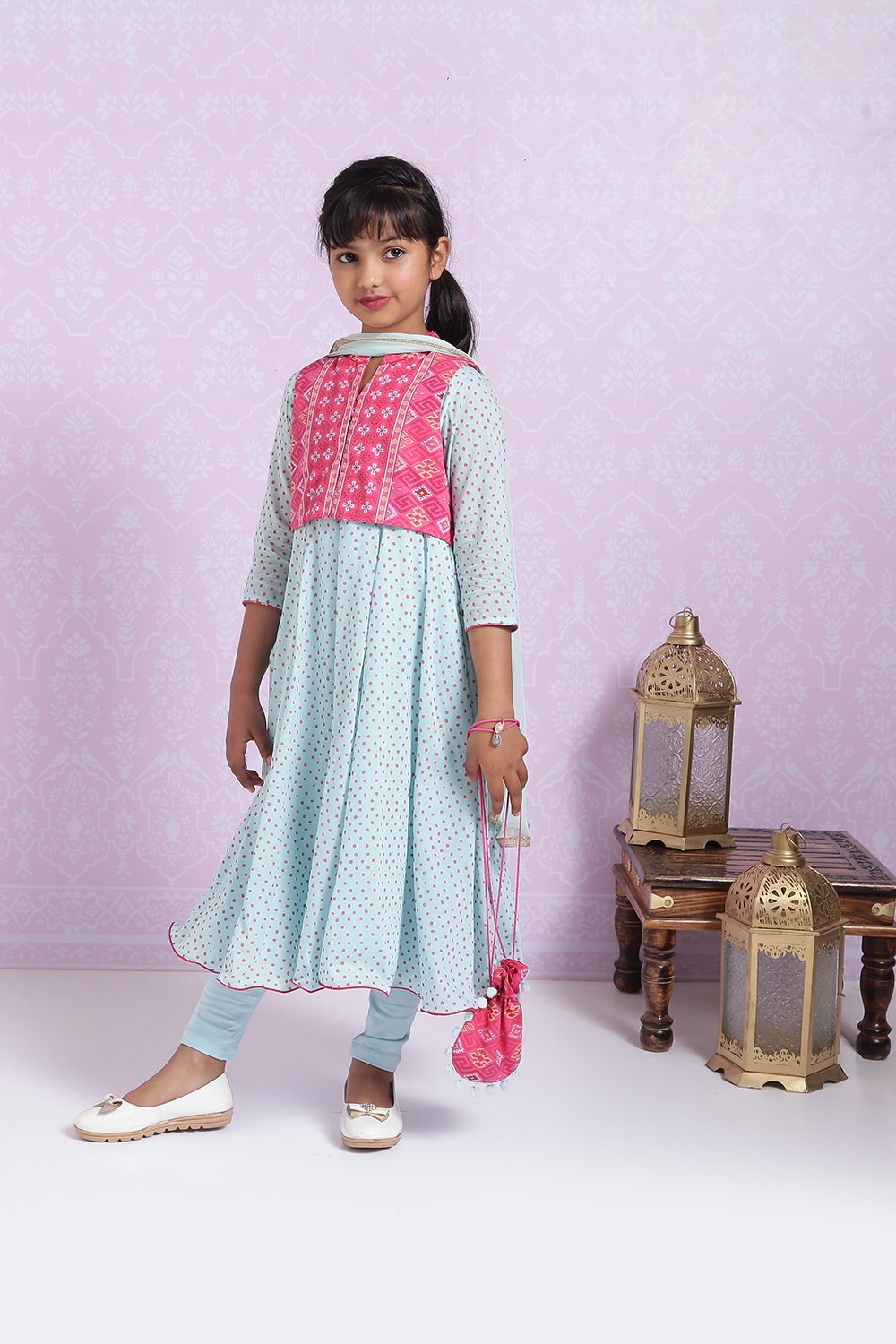 Sky Blue And Pink Cotton Anarkali Suit image number 4