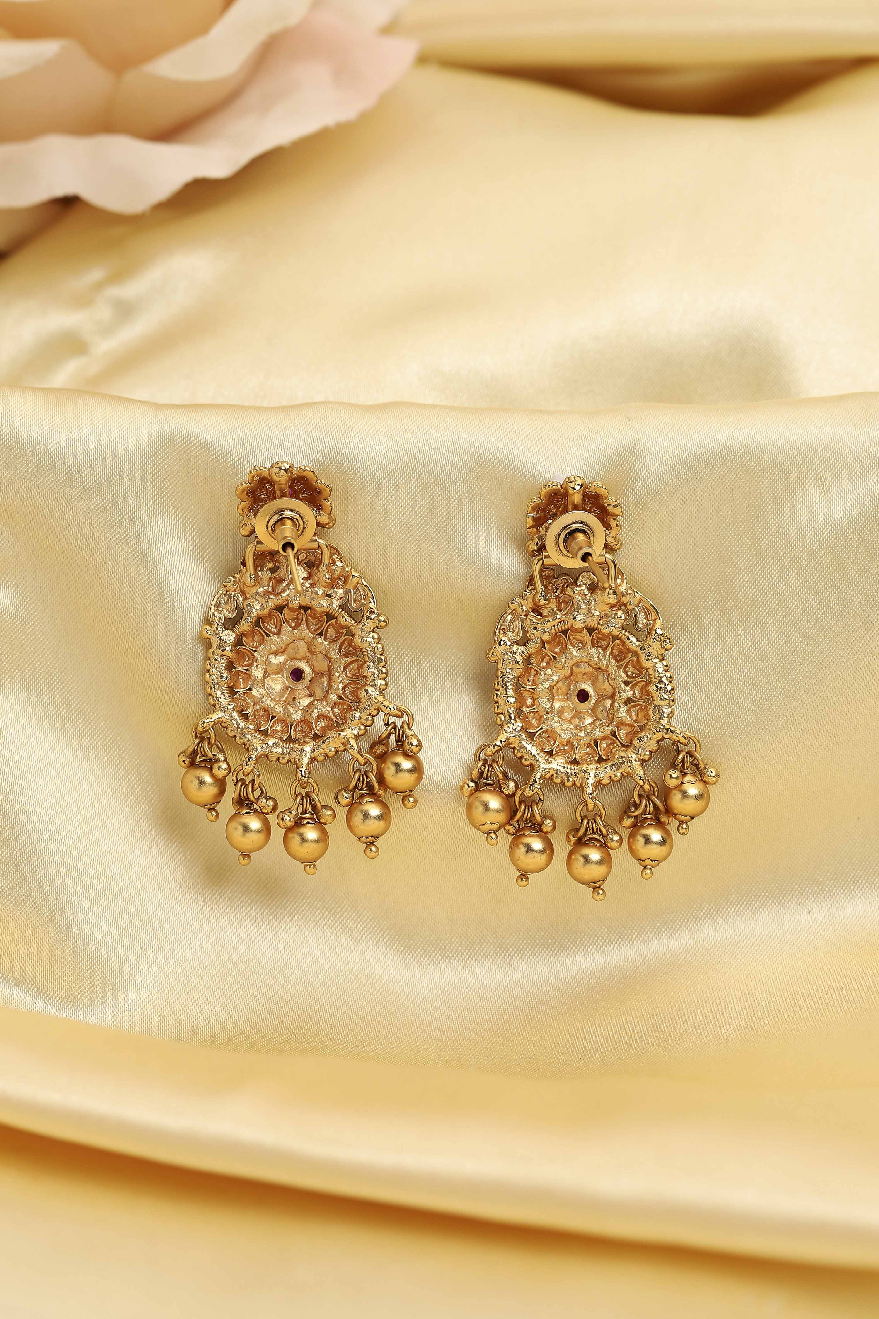 Red Gold Plated Minimal Stone Studded Drop Earrings image number 2
