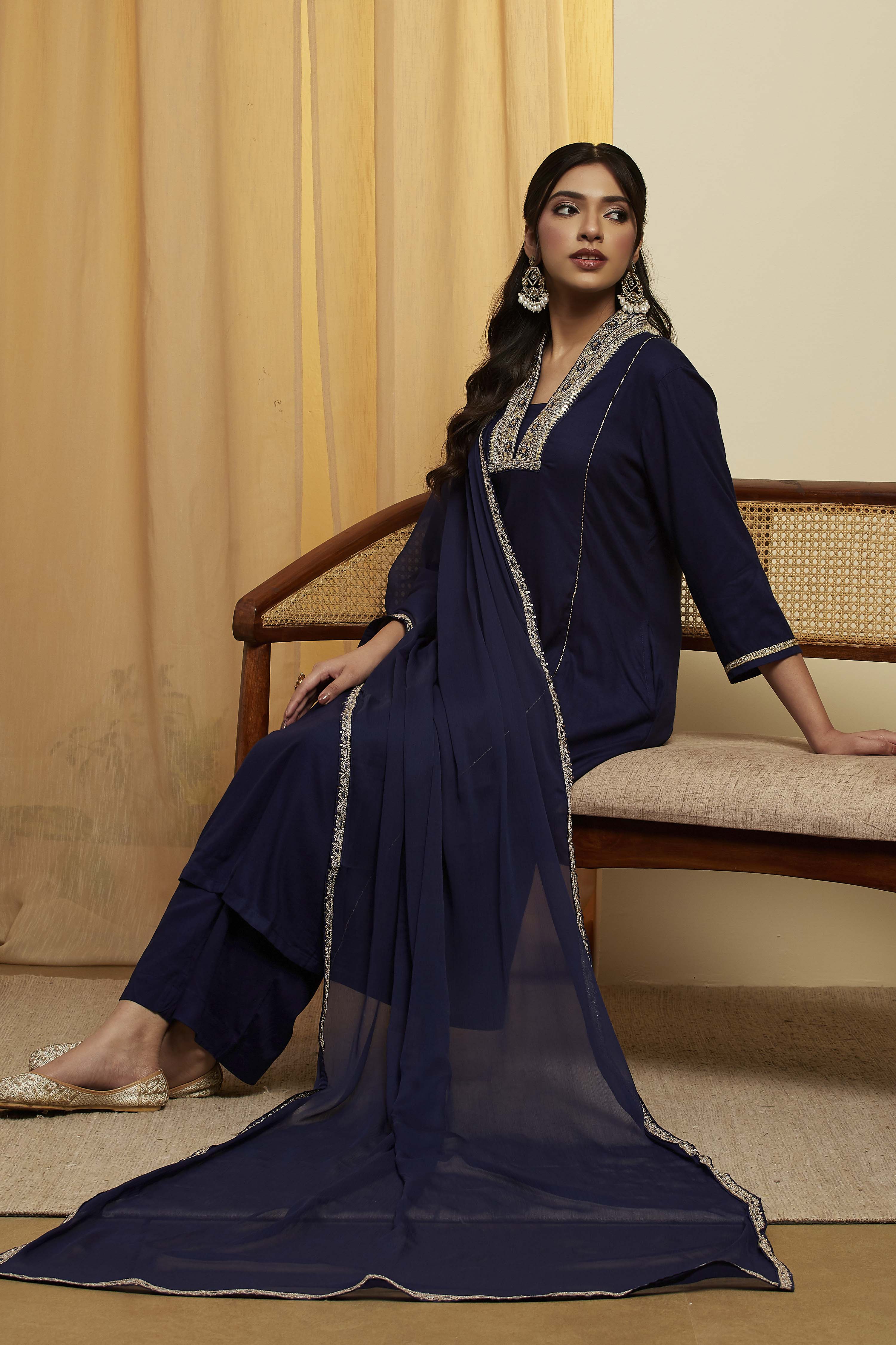 Navy Blue Viscose Rayon Yoke Design Straight Kurta Set image number 0