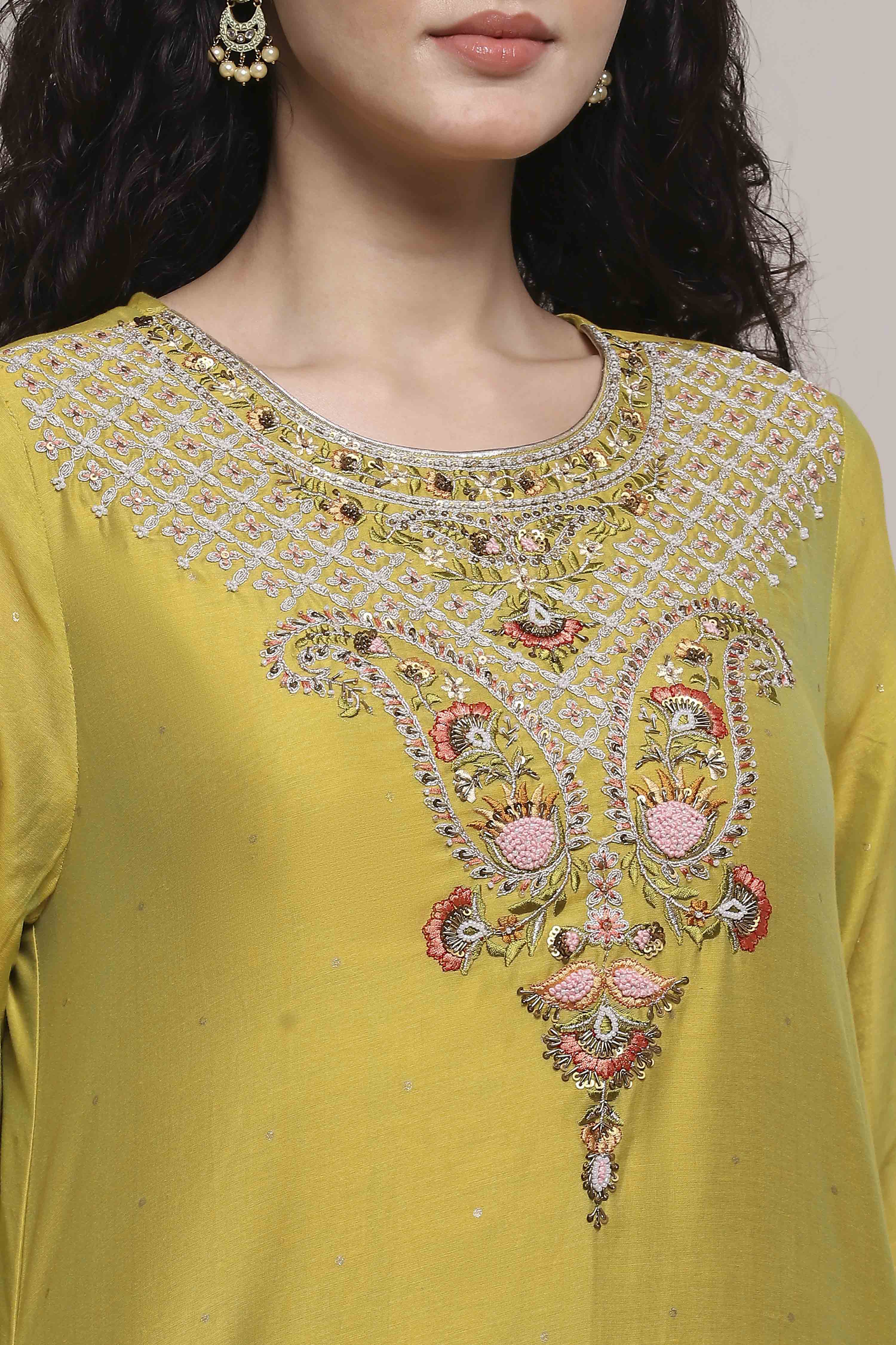 Lime Green Chanderi Straight Dyed Suit Set image number 1