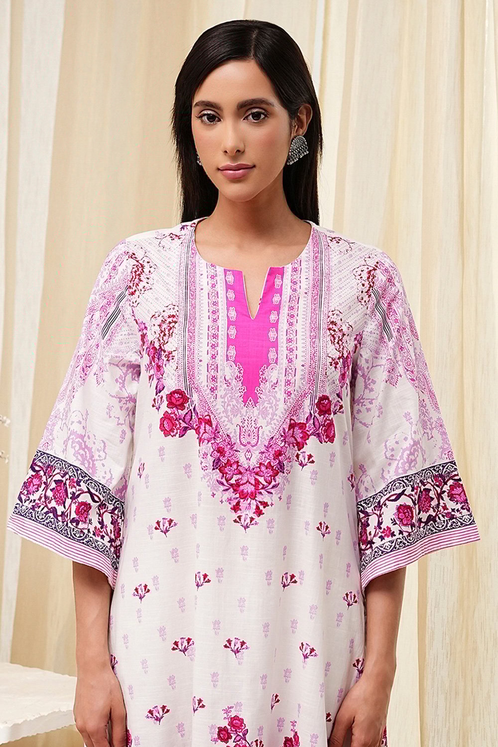 White and Pink Cotton Printed Straight Suit Set image number 1