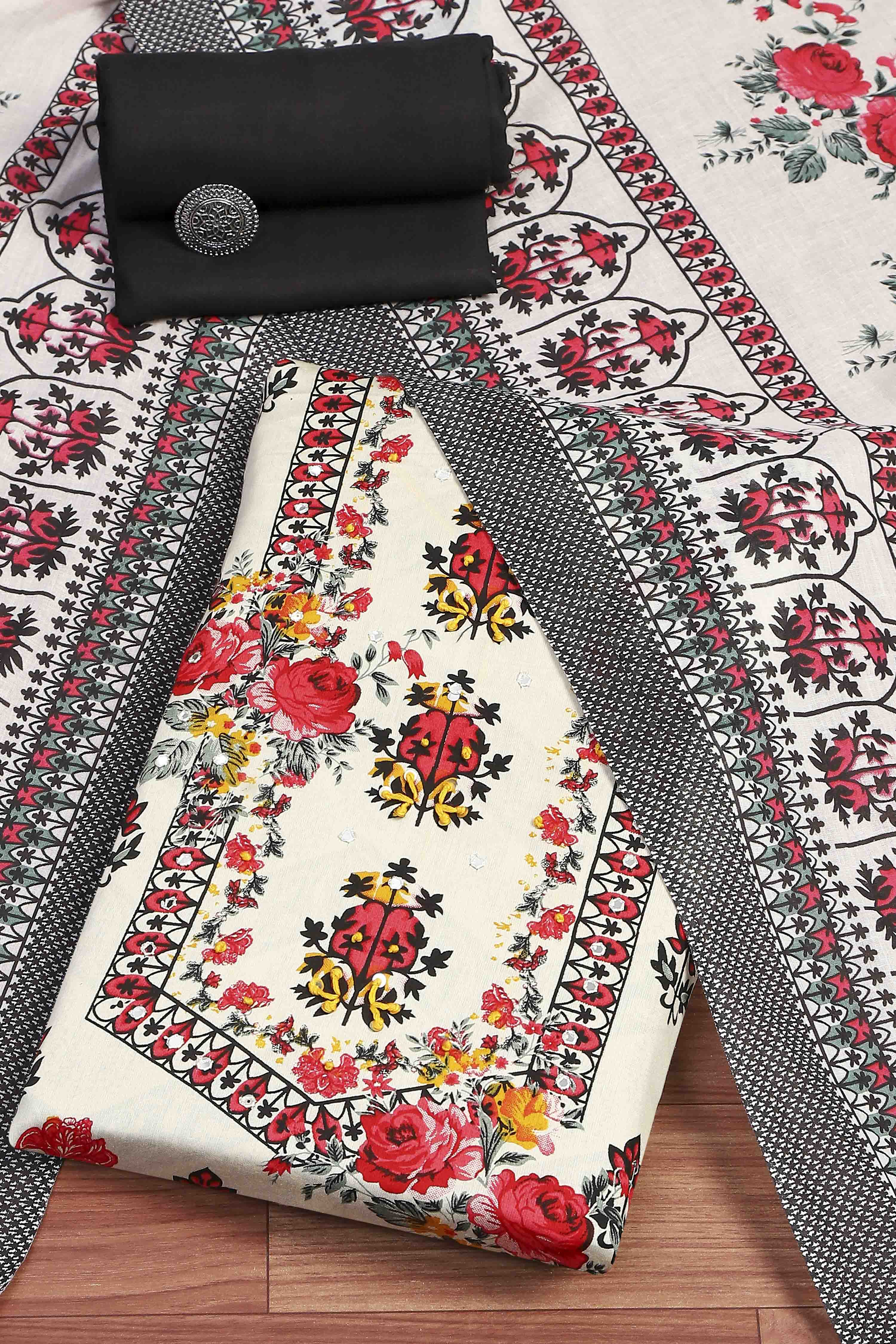 Off White Cotton Unstitched Suit Set image number 0