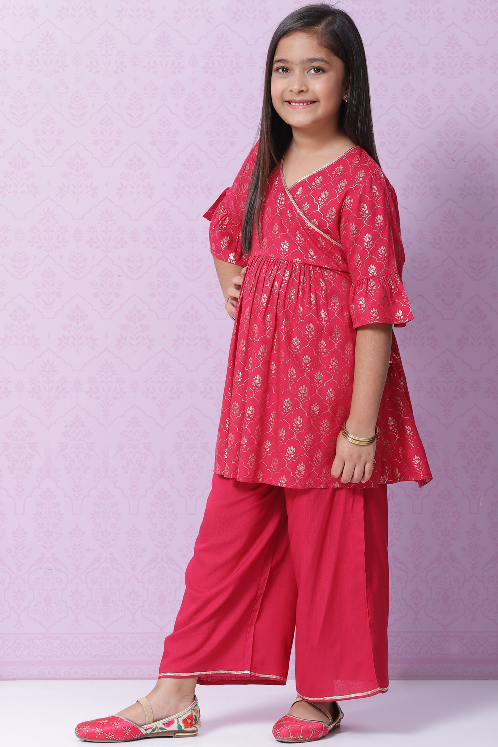 Berry Pink Rayon Flared Printed Kurta image number 3