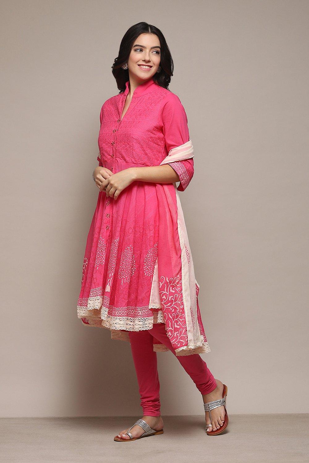 Pink Cotton Anarkali Solid Kurta Churidar Suit Set image number 4