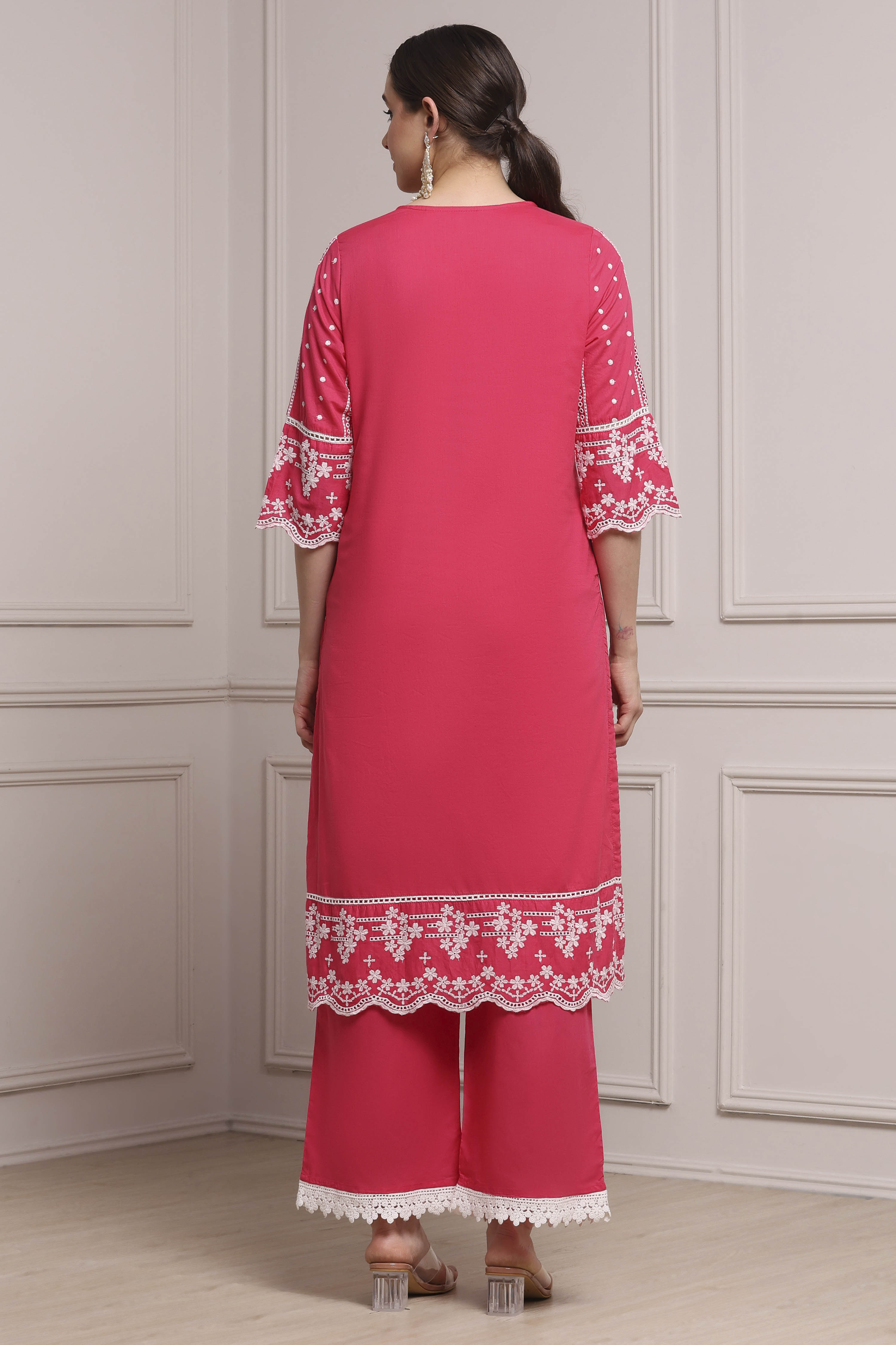 Fuchsia Cotton Embroidered Straight Suit Set image number 4
