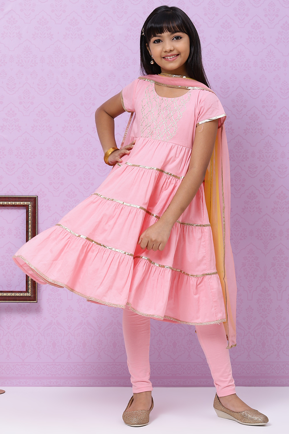Onion Pink Cotton Girls Flared Kurta Churidar Suit Set image number 0