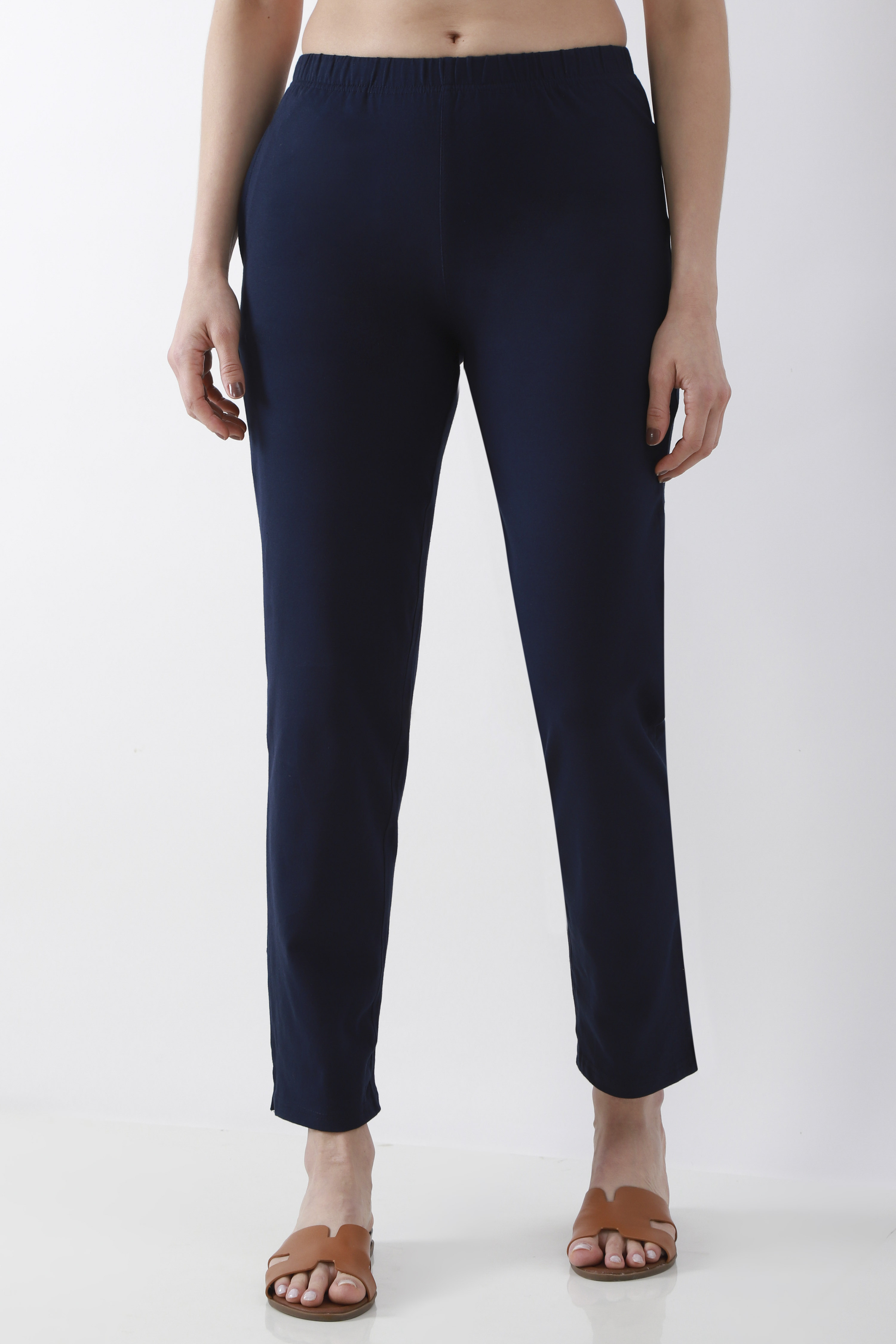 Blue Cotton Lycra Straight Pants image number 4
