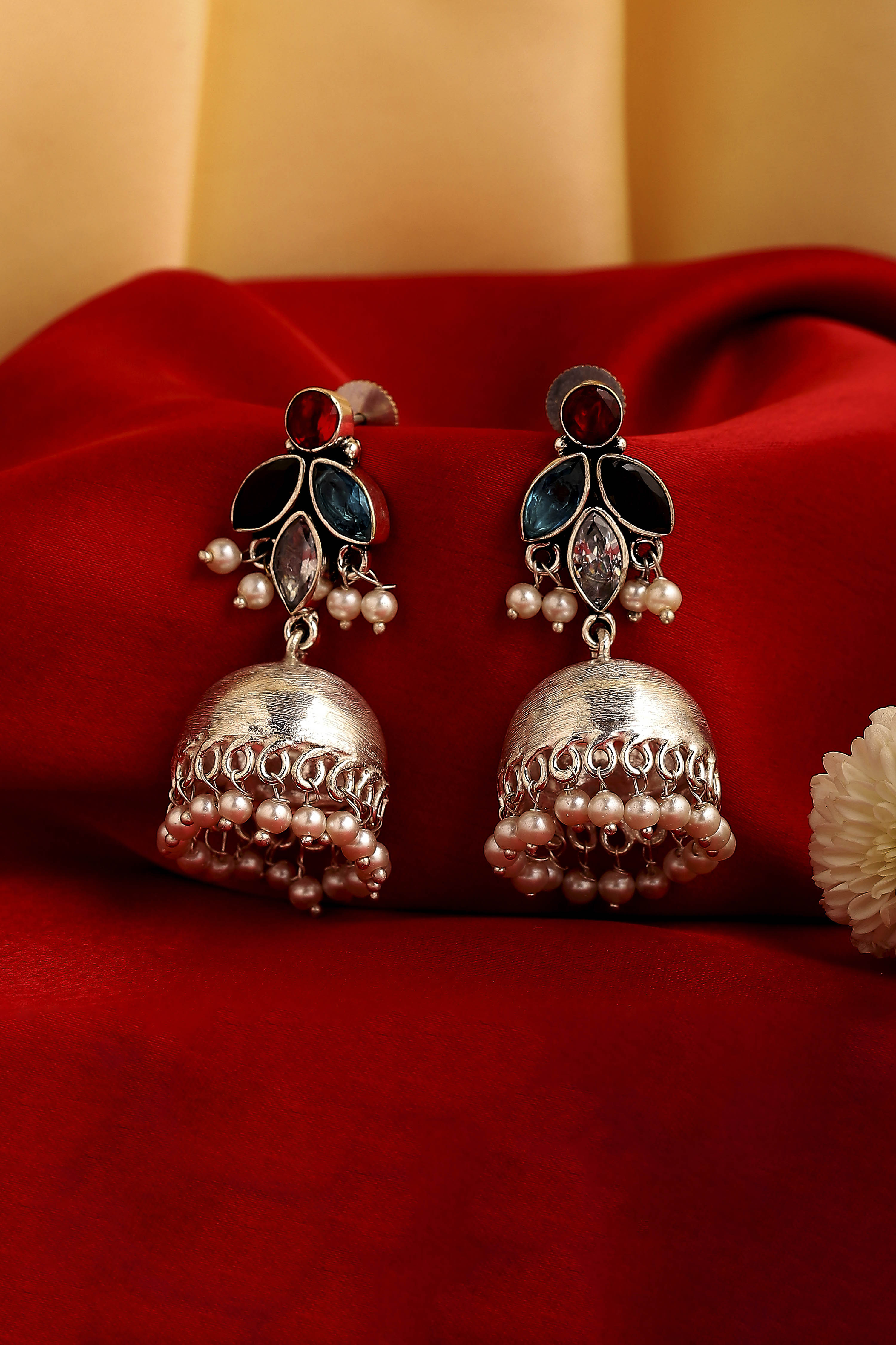 Silver Toned & Blue Oxidised Brass Studded Jhumkas image number 0