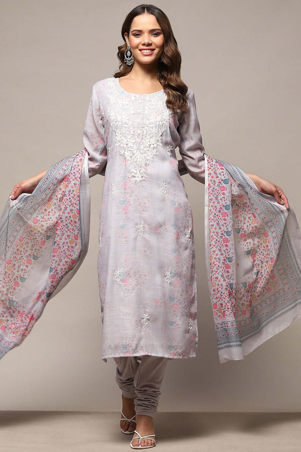 Grey Linen Unstitched Suit Set image number 1
