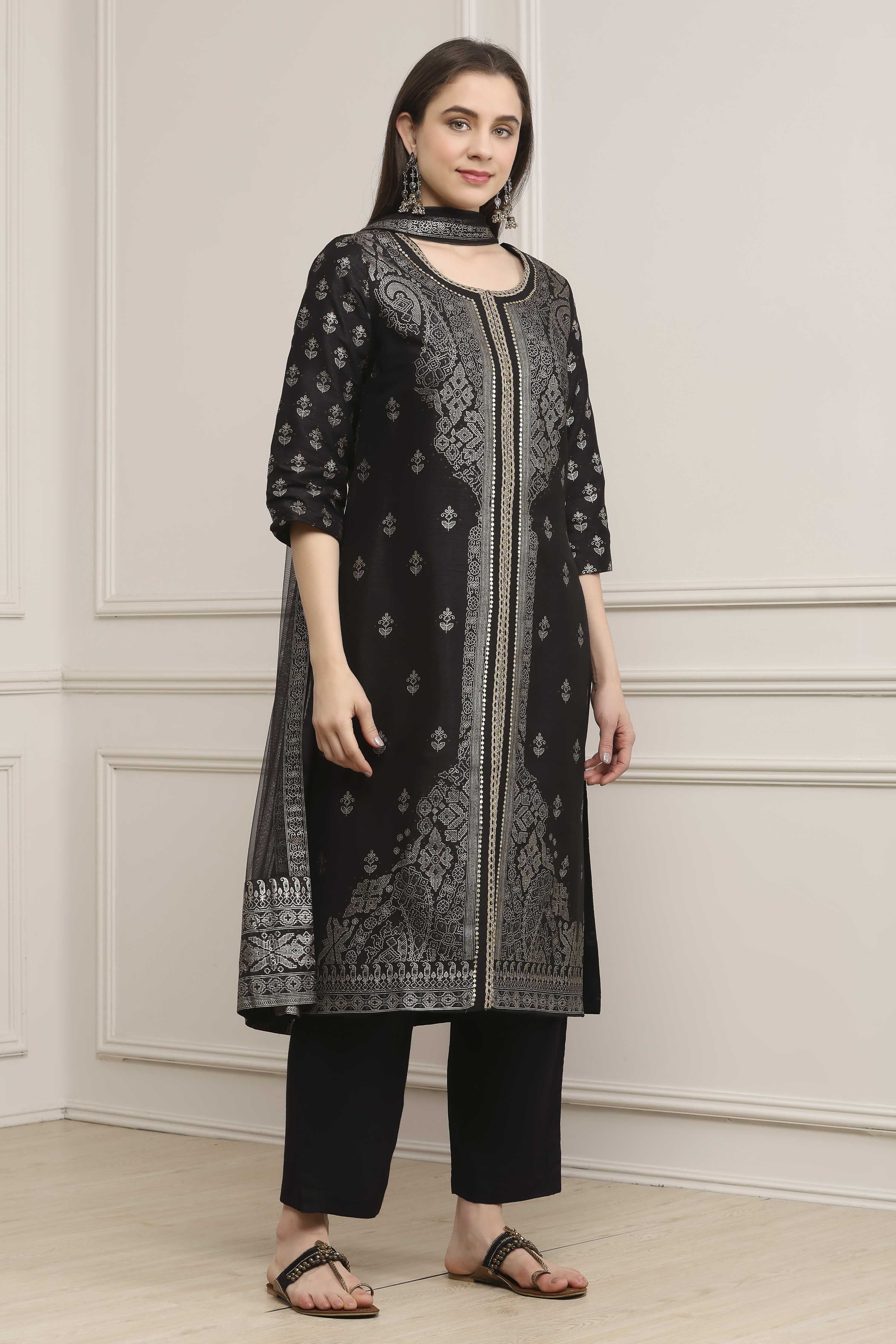 Black Polyester Straight Suit Set image number 5