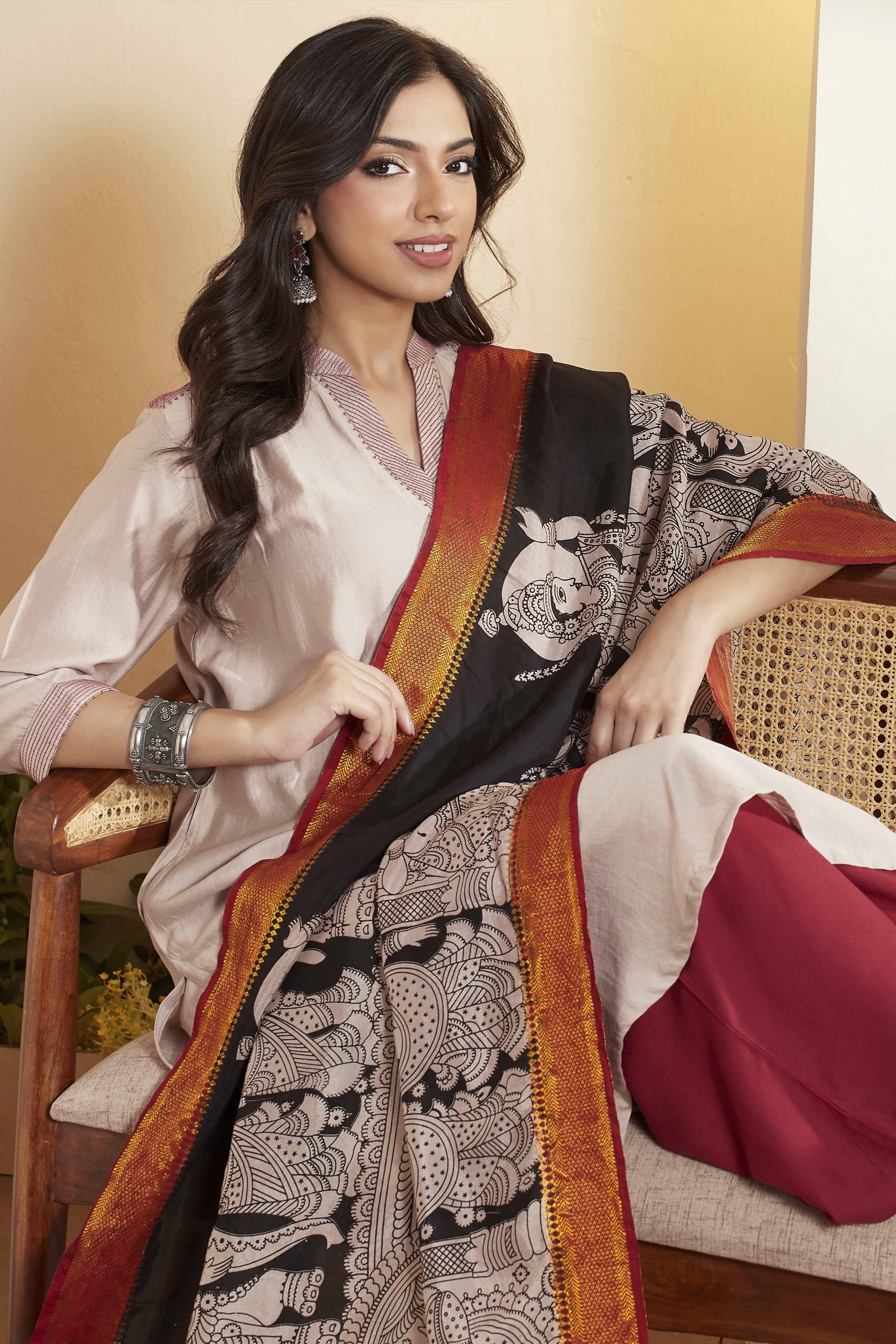 Black Chennur Silk Kalamkari- Inspired Dupatta image number 1
