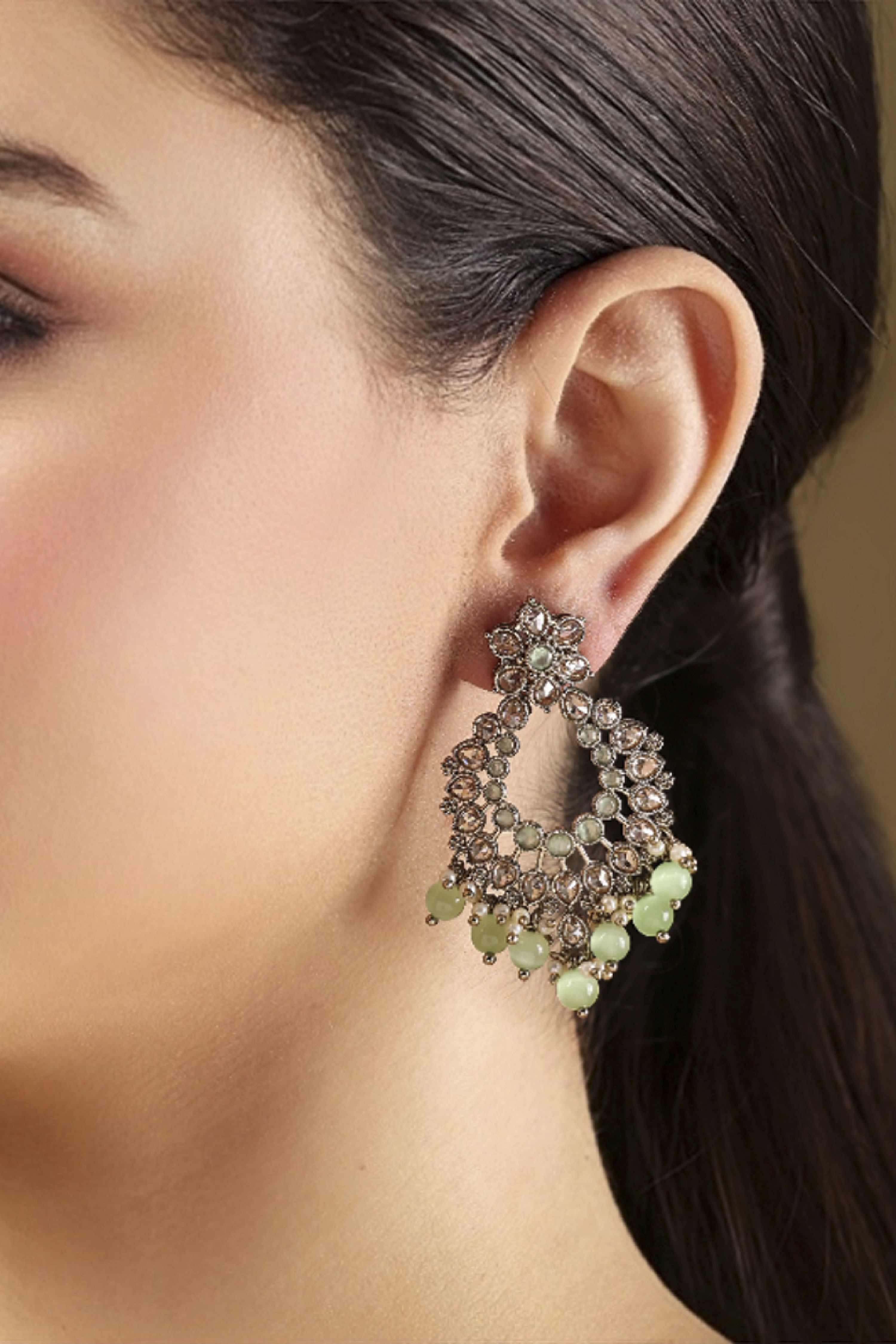 Mint Green Gold Plated Alloy Studded Chandbalis image number 1