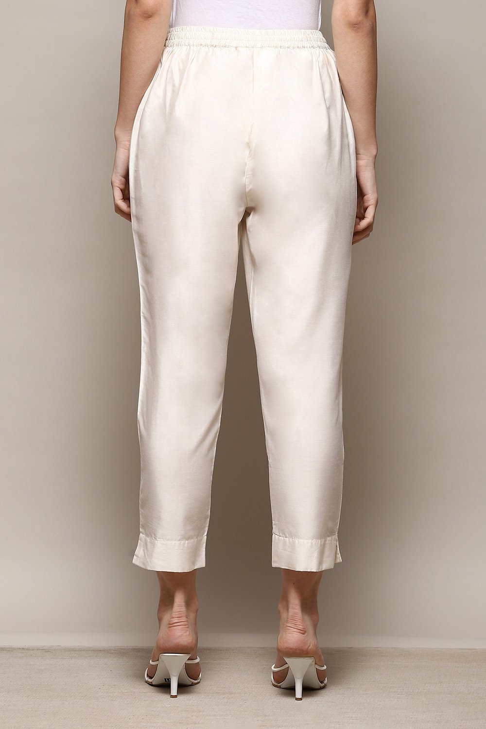 Cream Poly Viscose Slim Yarndyed Pants image number 4