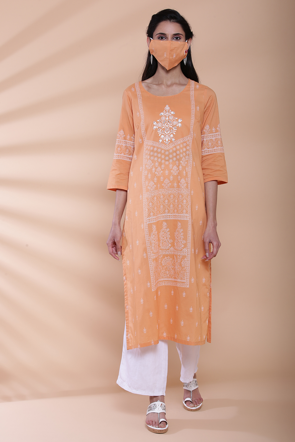 Orange Cotton Chikankari Embroidered Kurta image number 5