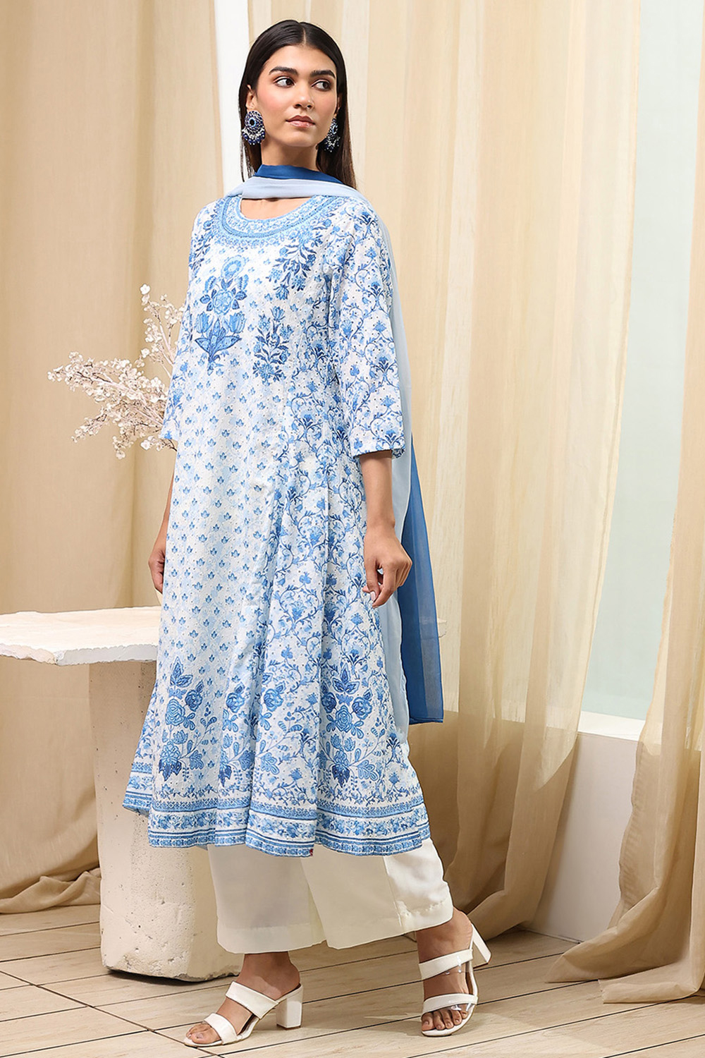 Off-White and Blue Cotton Floral Kalidar Suit Set image number 3