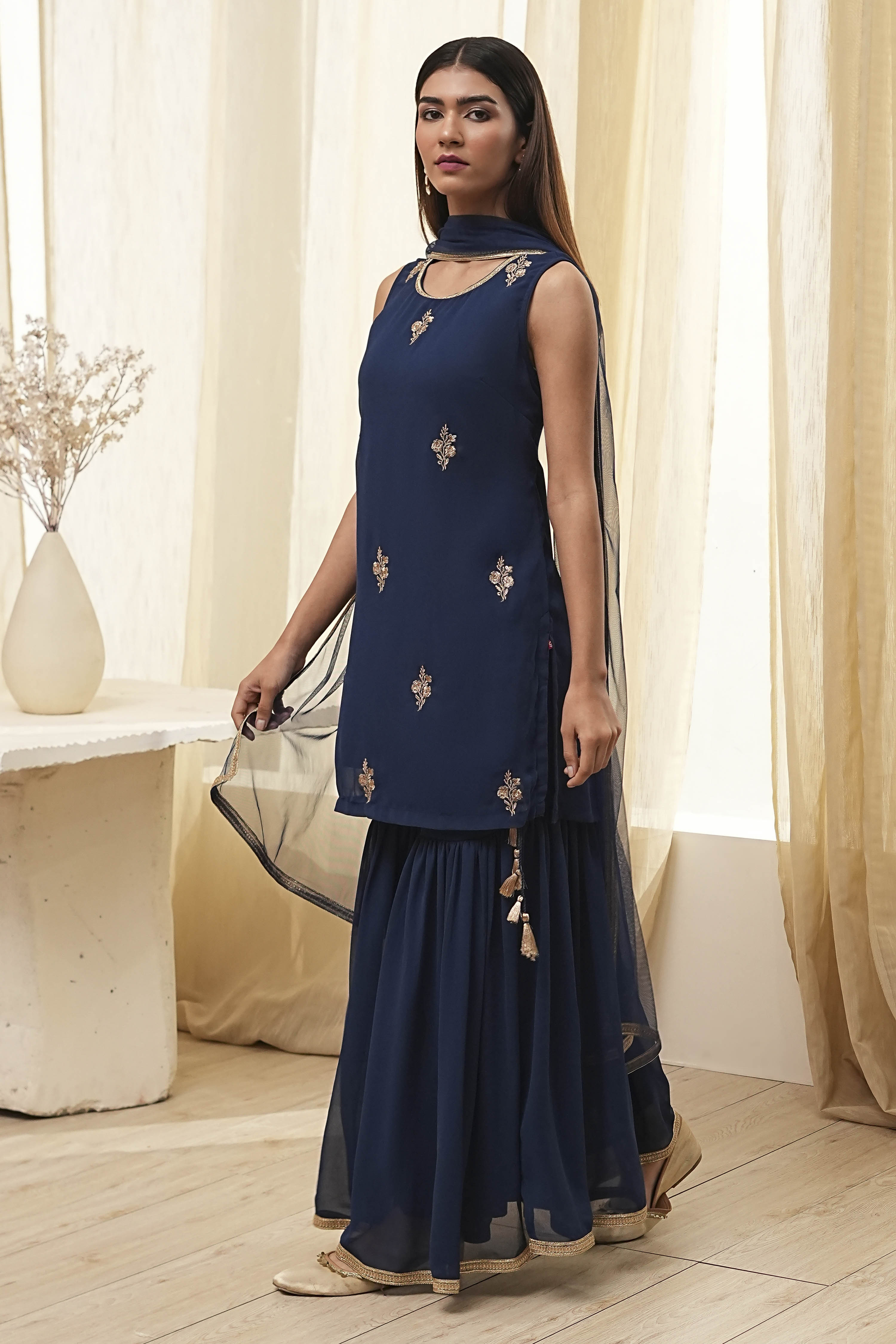 Ochre Yellow Embroidered Straight Suit Set image number 3