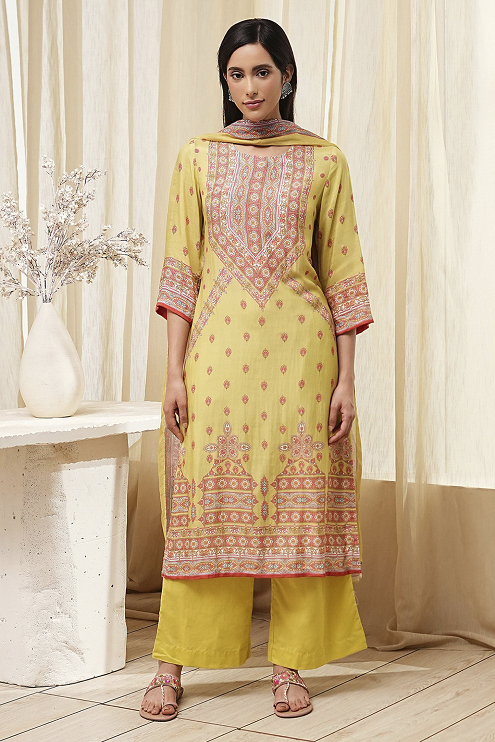 Green Modal Printed Straight Suit Set image number 6