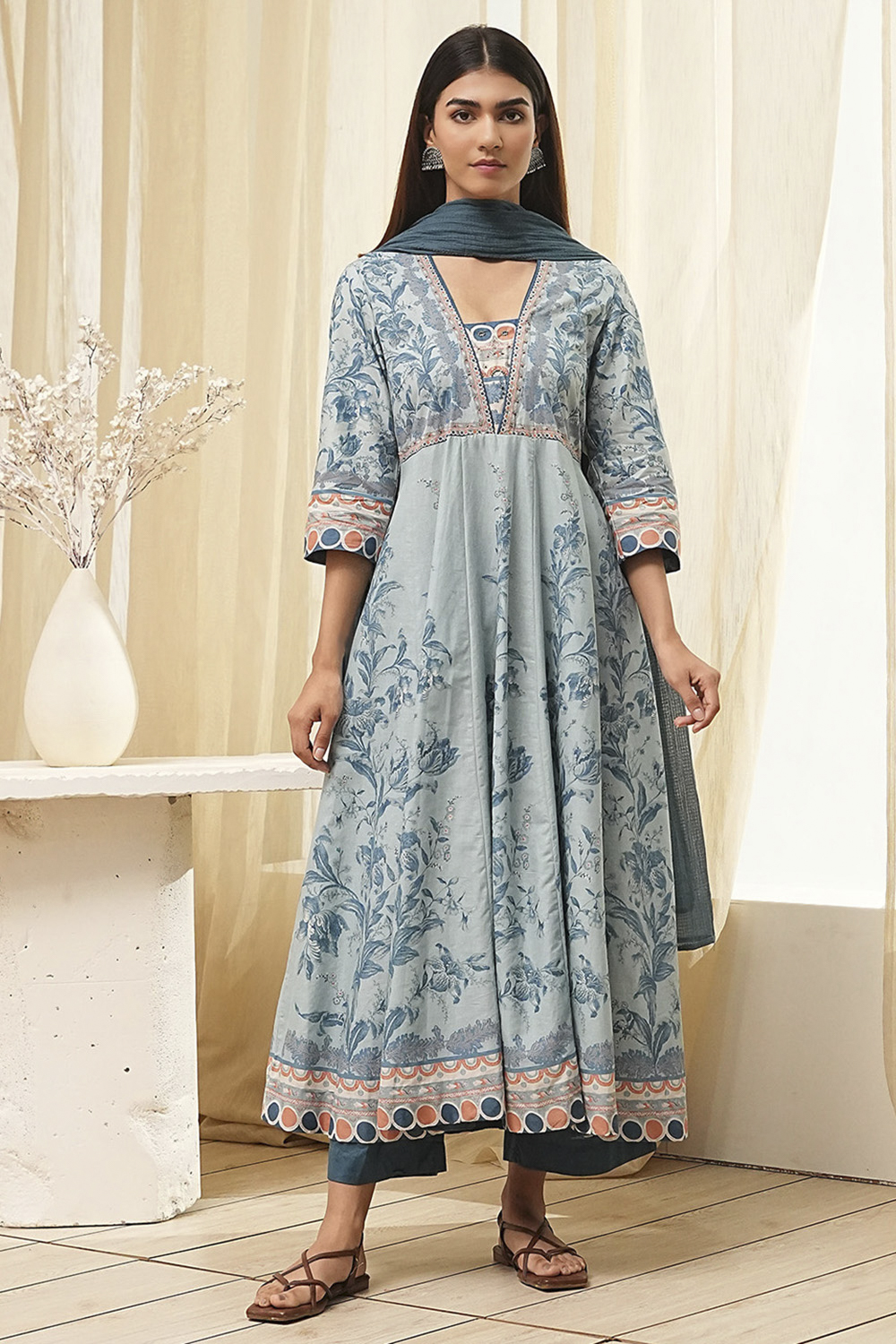 Dull Blue Cotton Floral Anarkali Suit Set image number 6