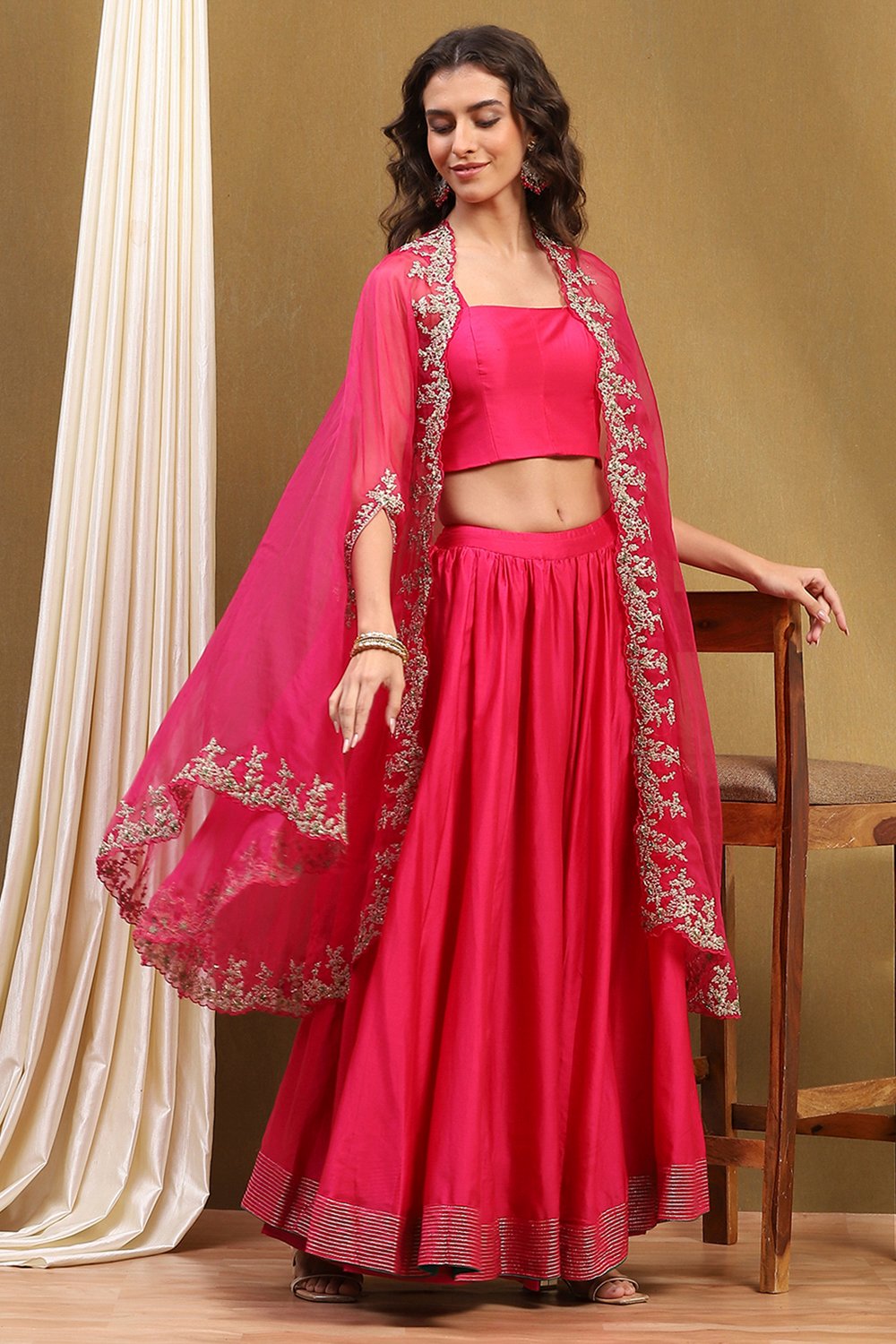Fuchsia Silk Chanderi Festive Lightweight Flared Lehenga Set image number 0