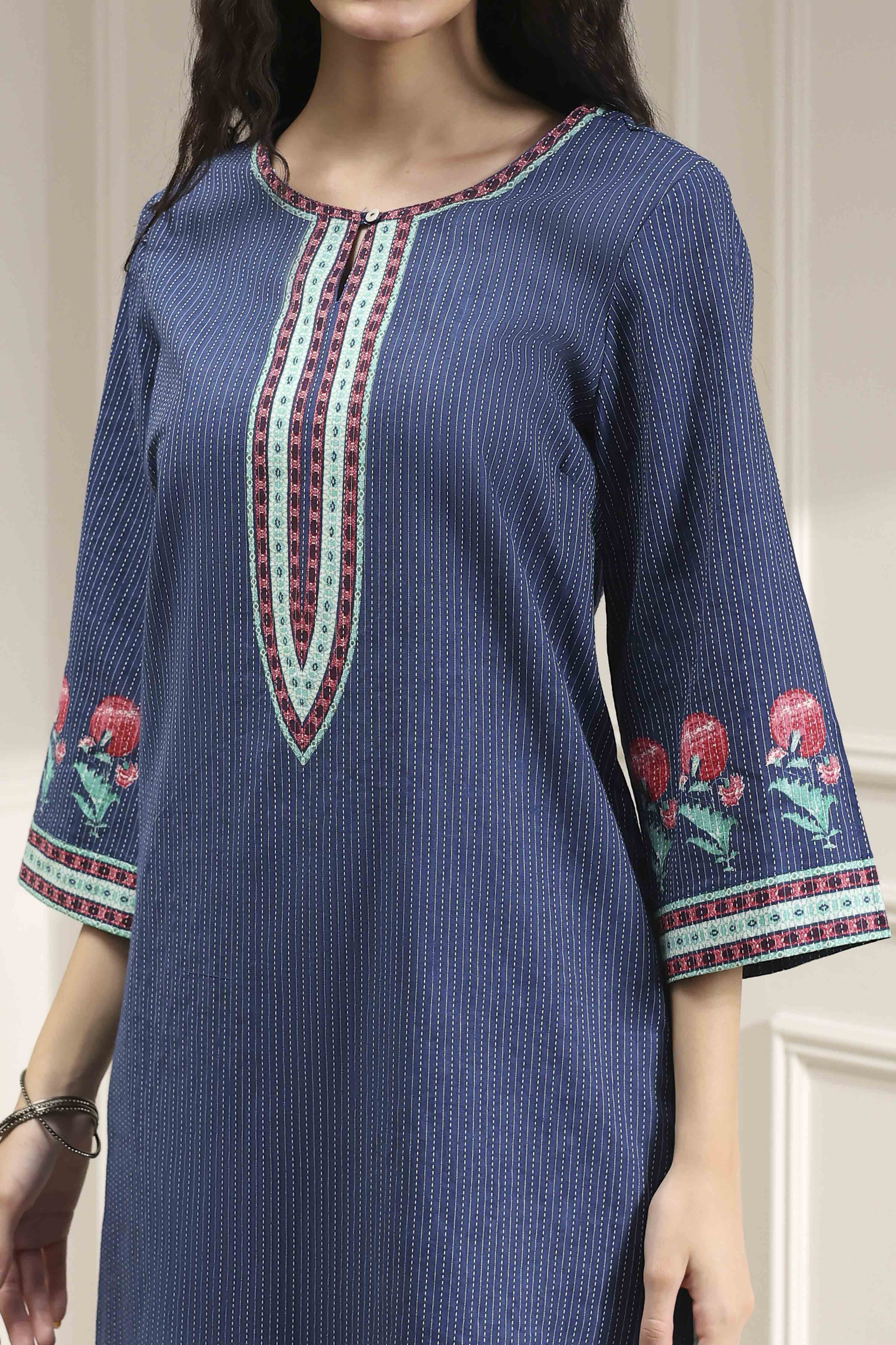 Indigo Blue Cotton Printed Straight Kurta image number 1