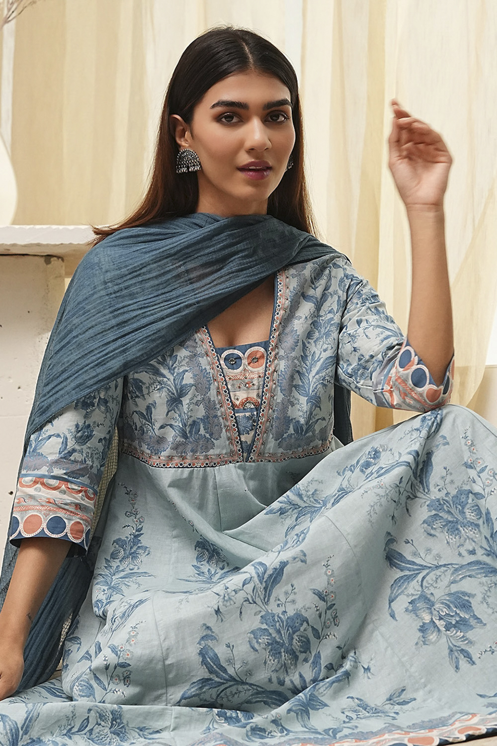 Dull Blue Cotton Floral Anarkali Suit Set image number 7