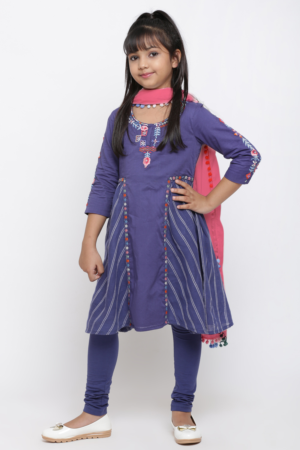 Blue Cotton A-Line Kurta Churidar Suit Set image number 2