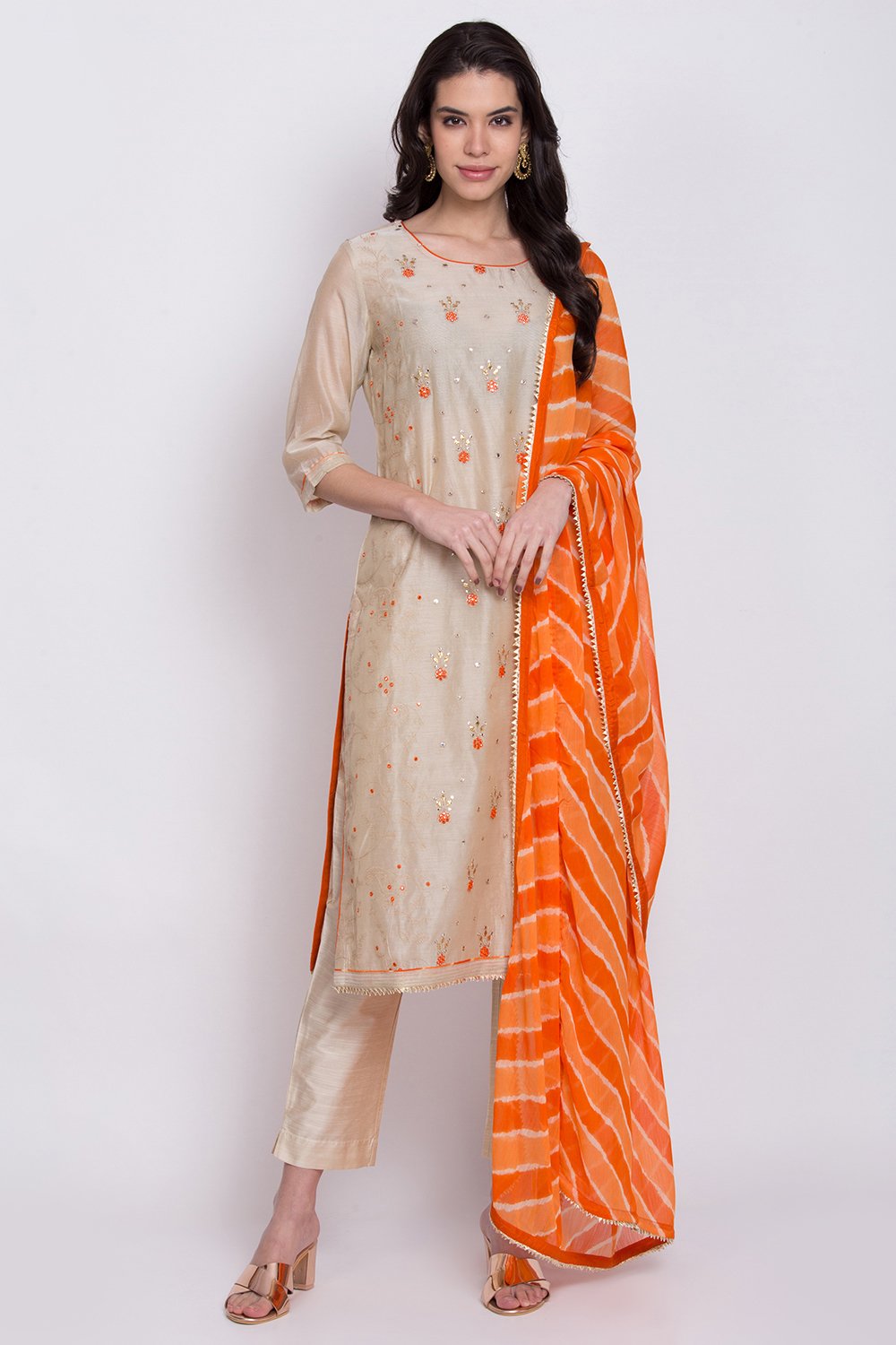 Beige Poly Cotton Straight Kurta Slim Pant Suit Set image number 3