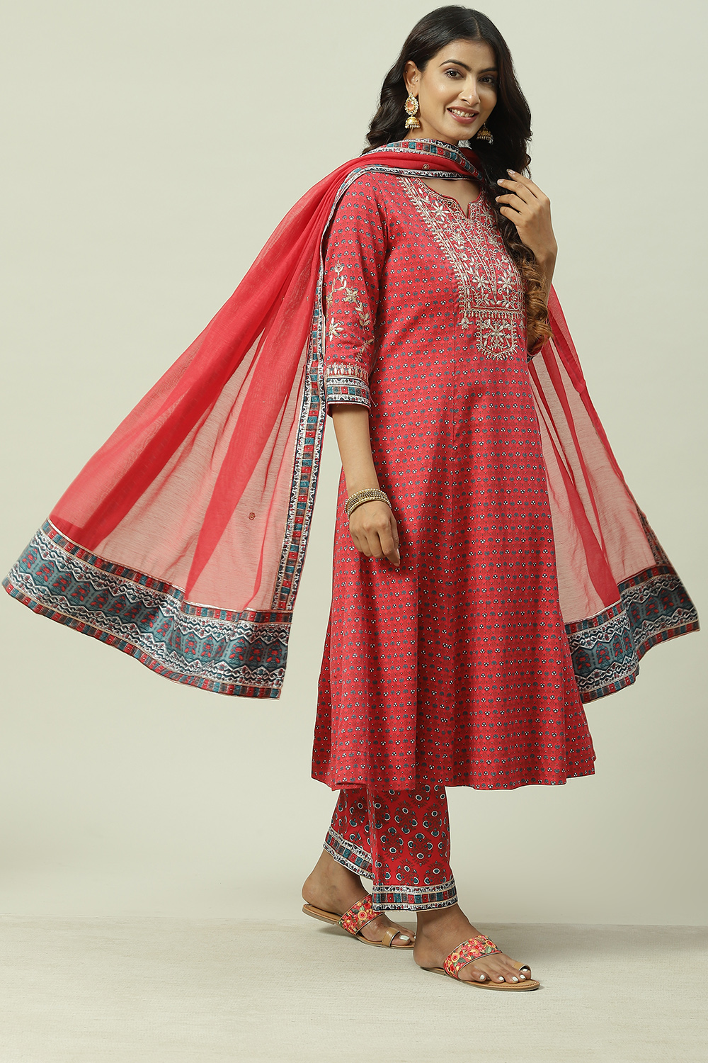 Coral Cotton Kalidar Kurta Narrow Palazzo Suit Set image number 6