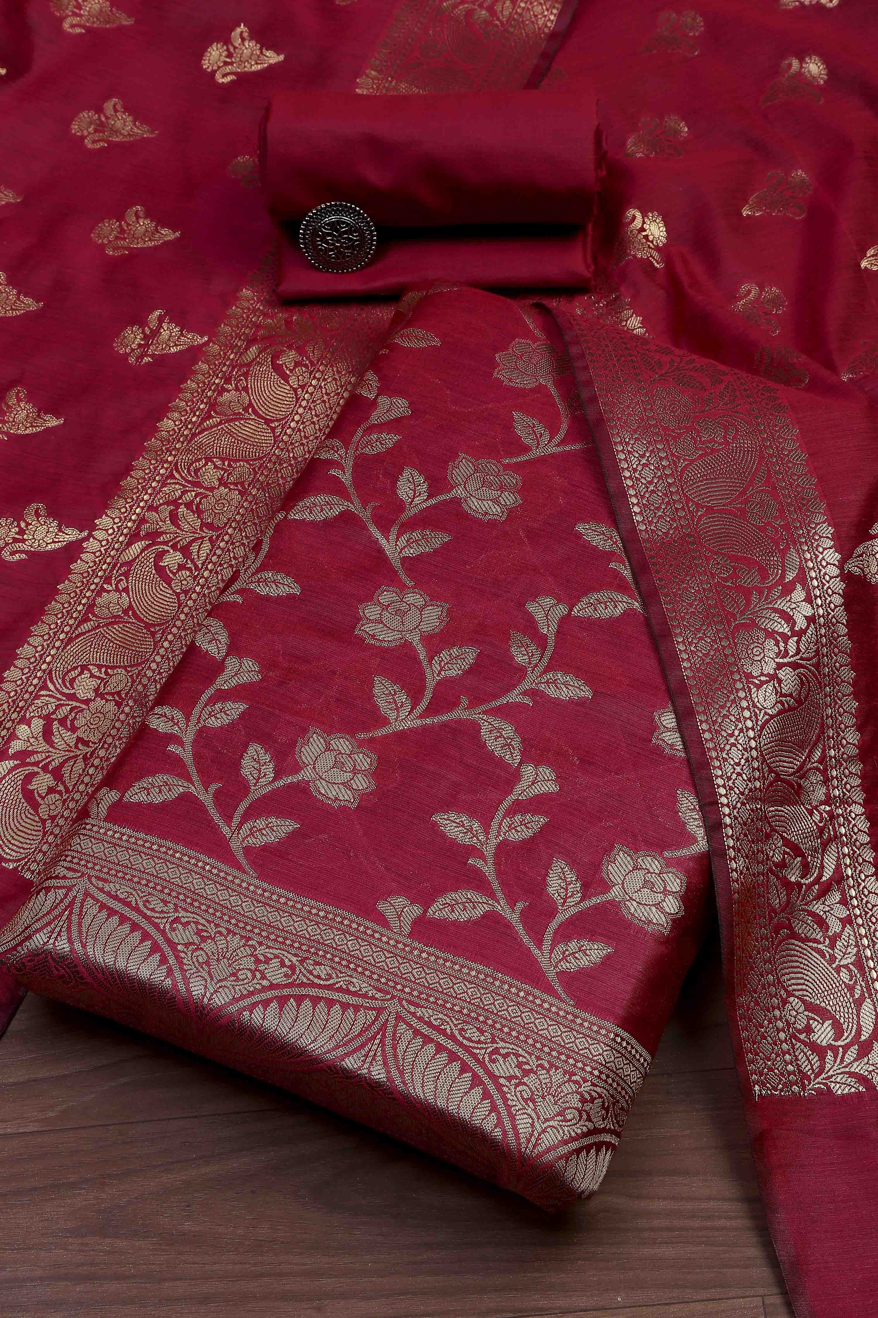 Maroon Cotton Printed Embroidered Unstitched Suit Set image number 0