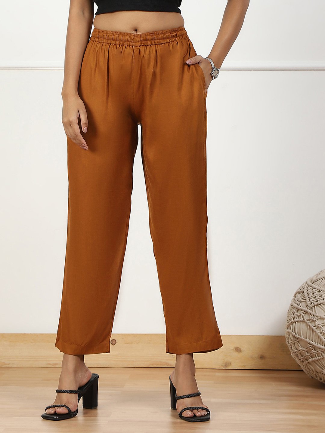Tan Brown Mid-Rise Straight Palazzo image number 4
