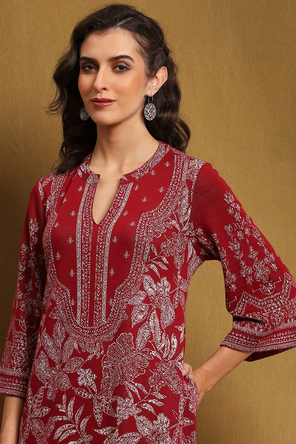 Maroon Jacquard Winter wear Straight Kurta image number 1