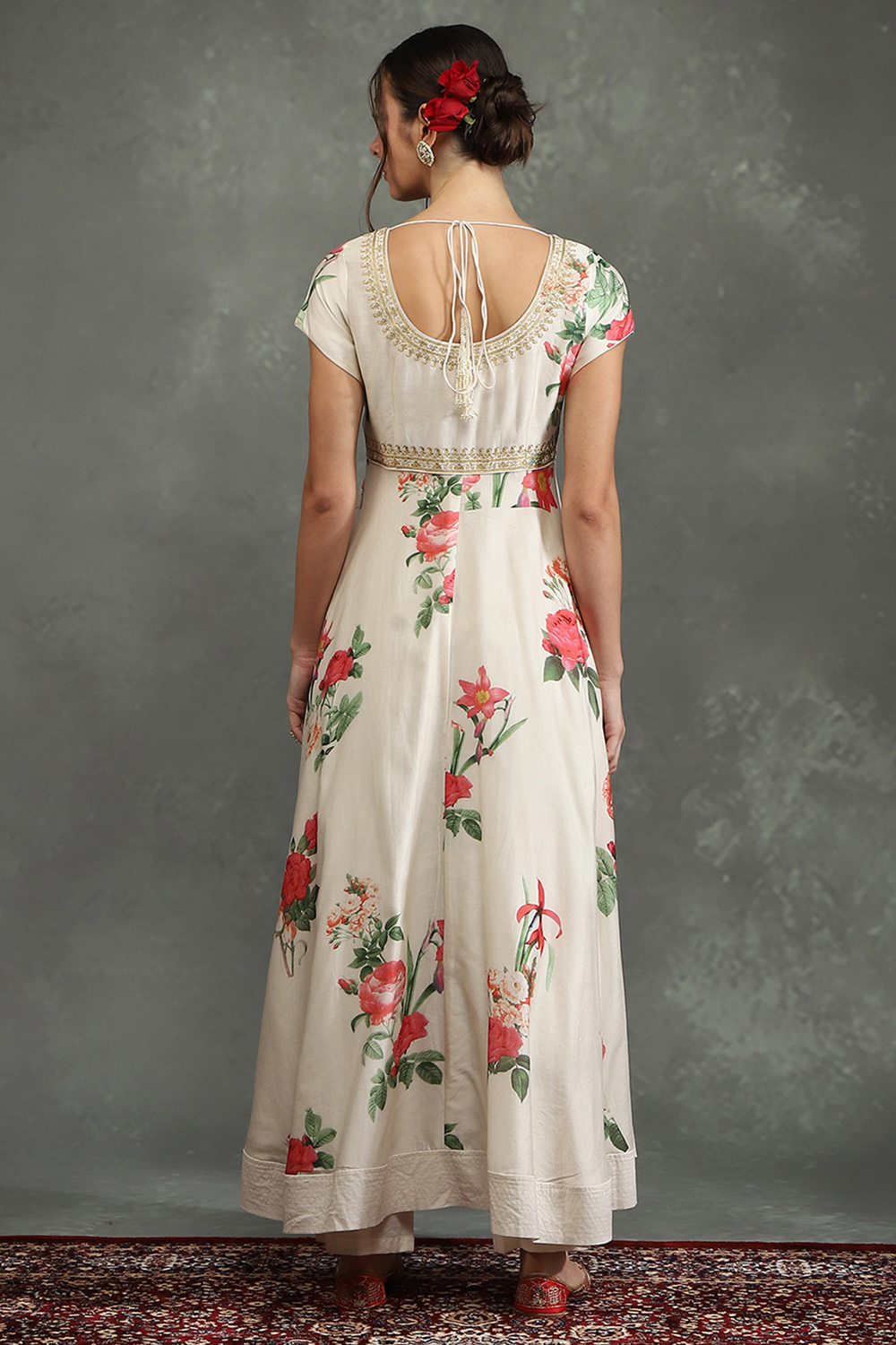 Black Silk Chanderi Floral Printed Anarkali Suit Set image number 4