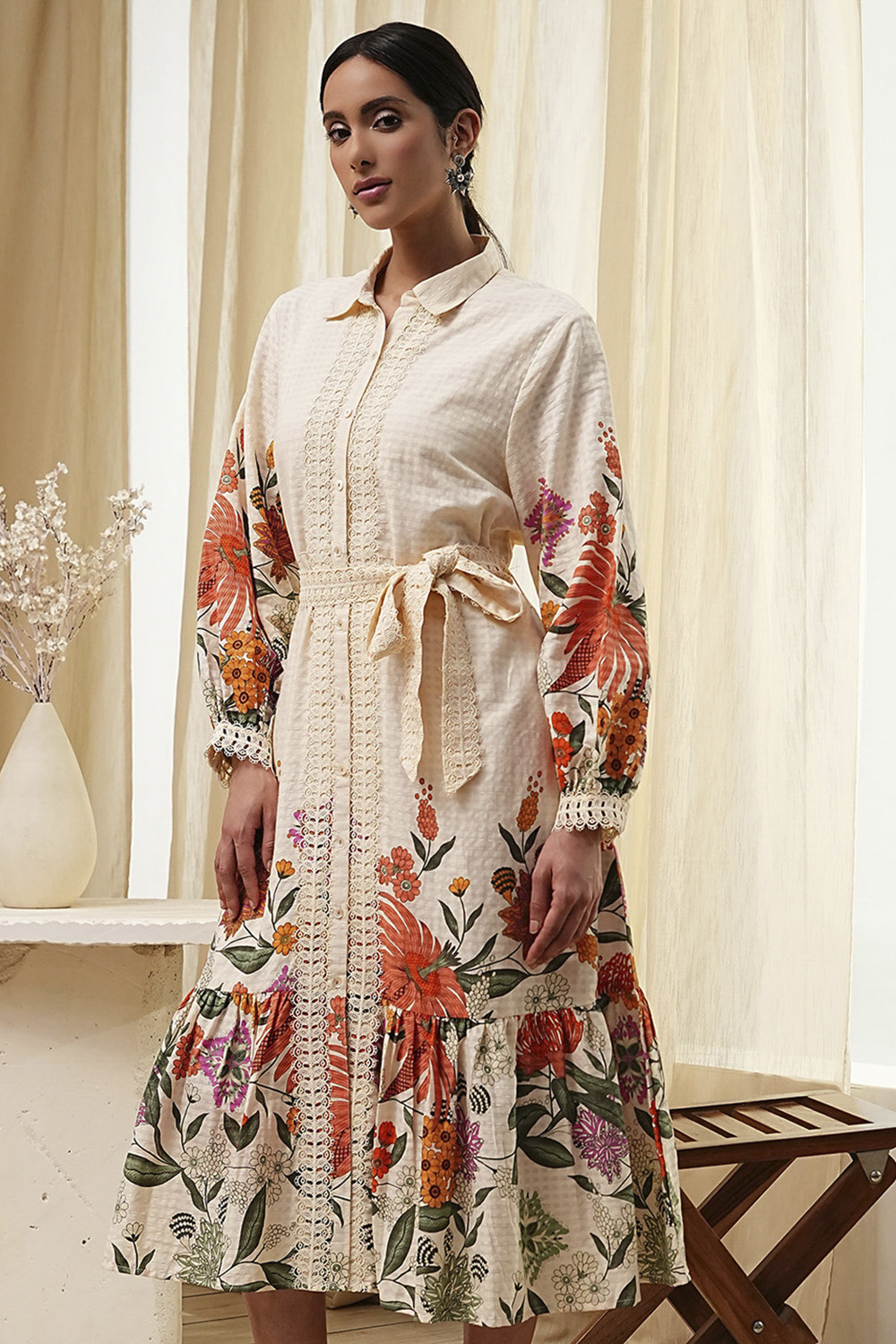 Beige Cotton Floral Shirt-Style Flared Dress image number 6