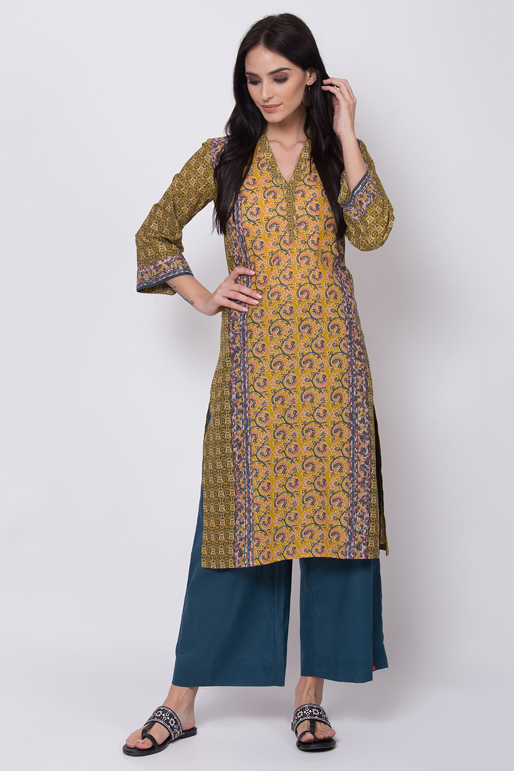 Mustard Cotton Straight Printed Kurta image number 0