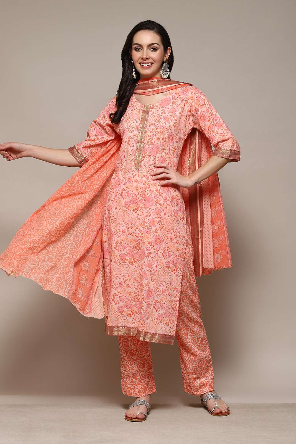 Peach Cotton Hand Block Print Unstitched Suit Set image number 1