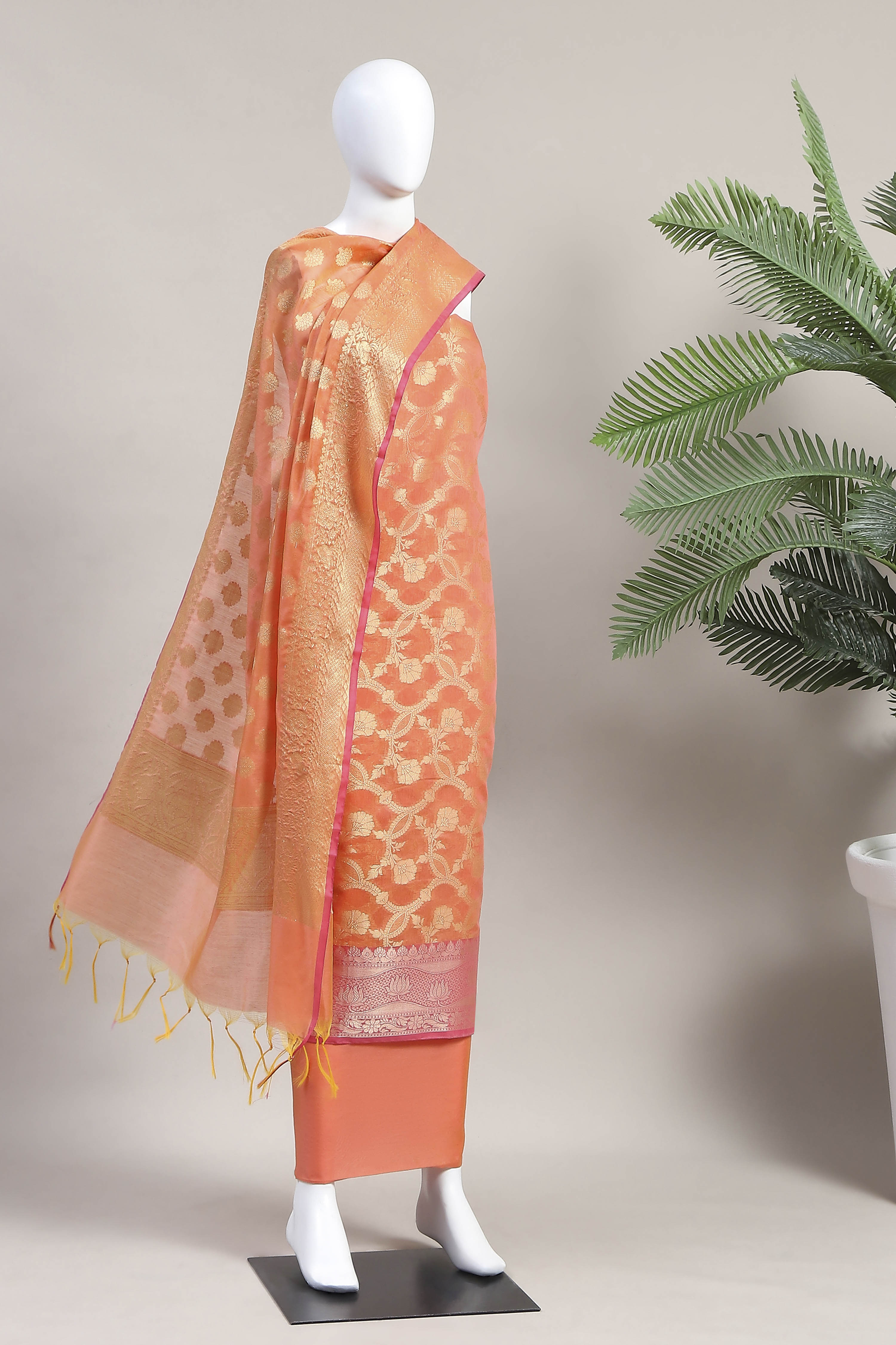 Pink Cotton Printed Embroidered Unstitched Suit Set image number 4