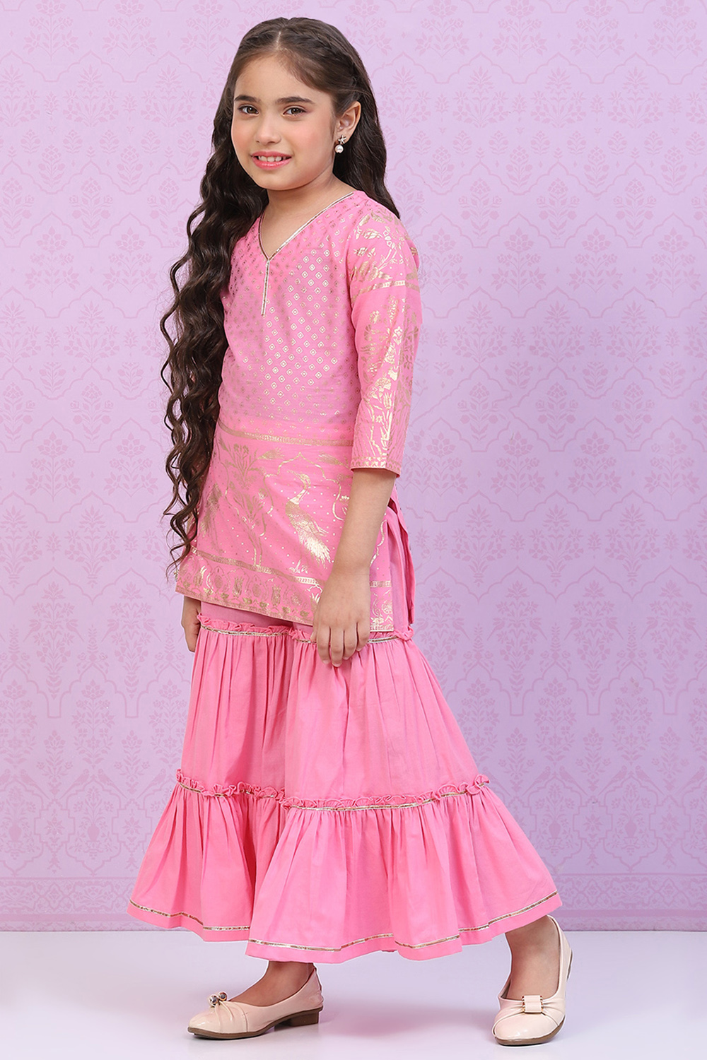 Pink Cotton A-Line Printed Kurta Set image number 3