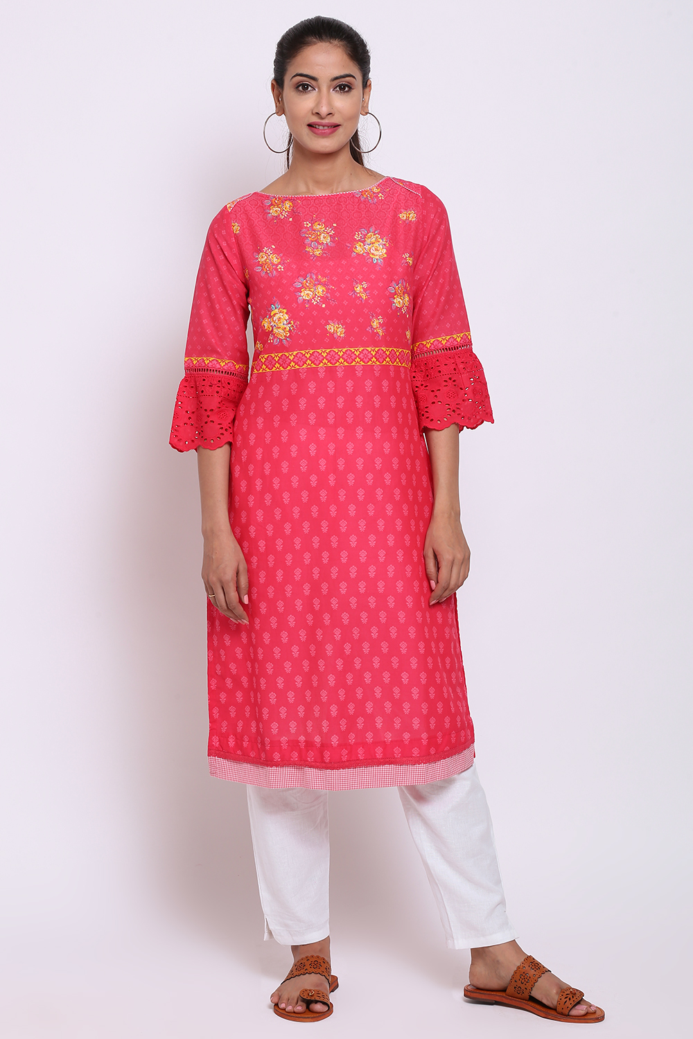 Pink Cotton Straight Printed Kurta image number 2