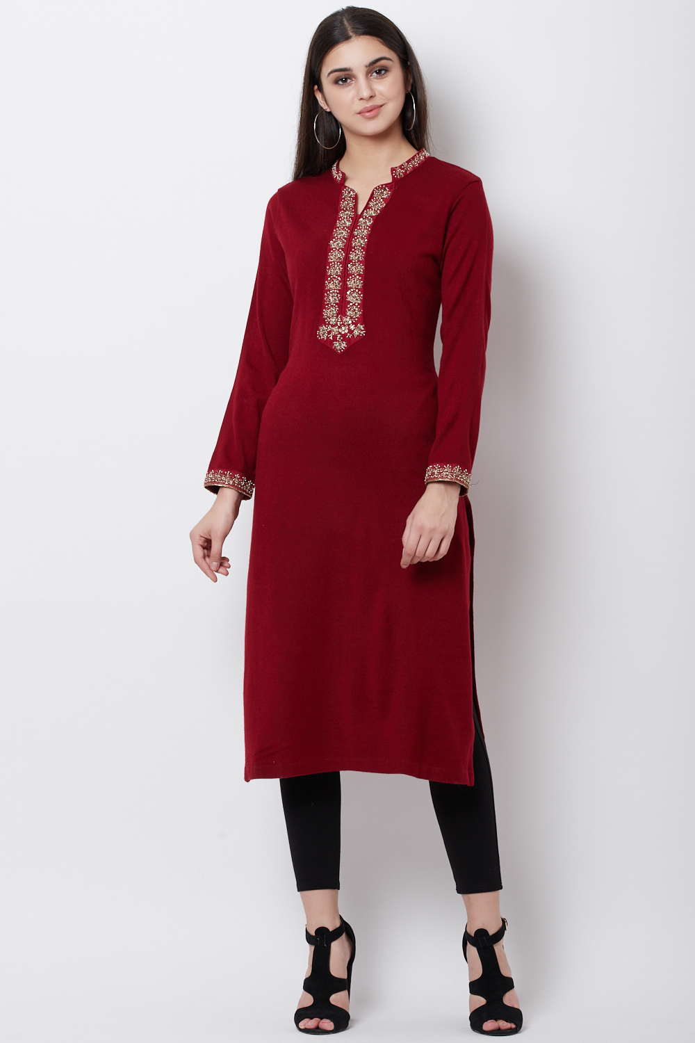 Maroon Poly Cotton Winter Yarndyed Kurta image number 0