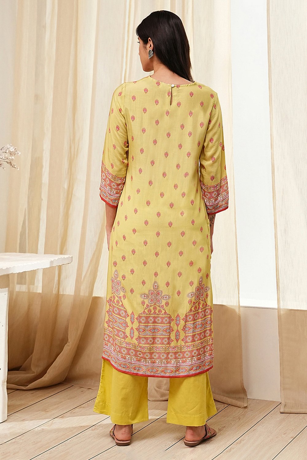 Green Modal Printed Straight Suit Set image number 4