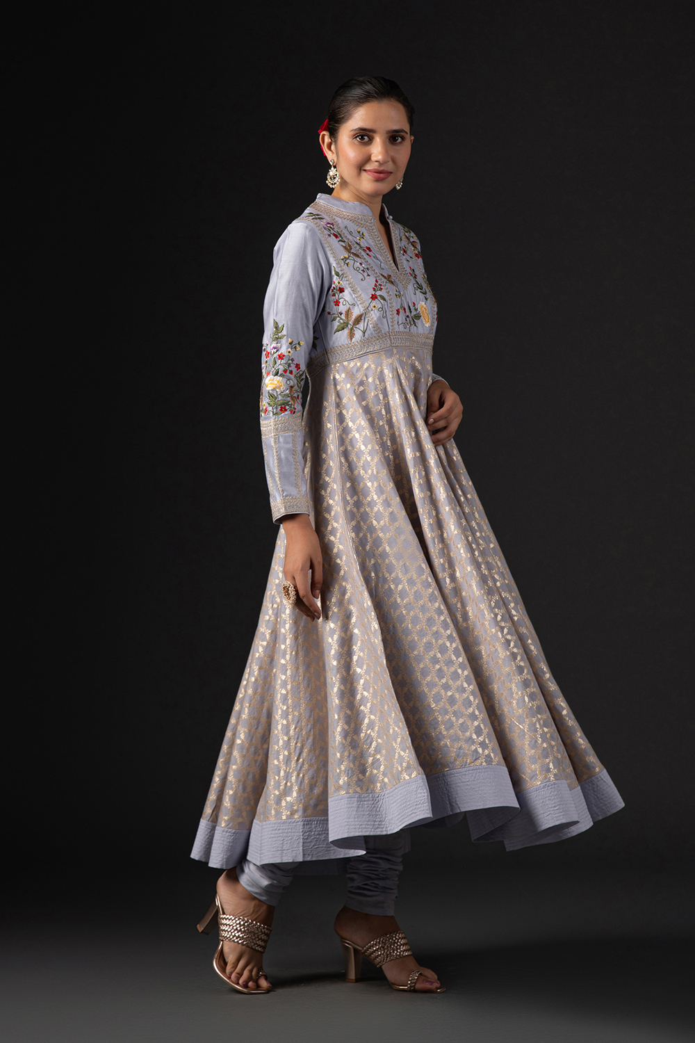 Rohit Bal Blue Cotton Silk Anarkali Embroidered Suit Set image number 6