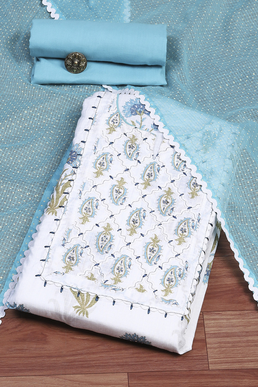 Blue Cotton Unstitched Suit Set image number 0