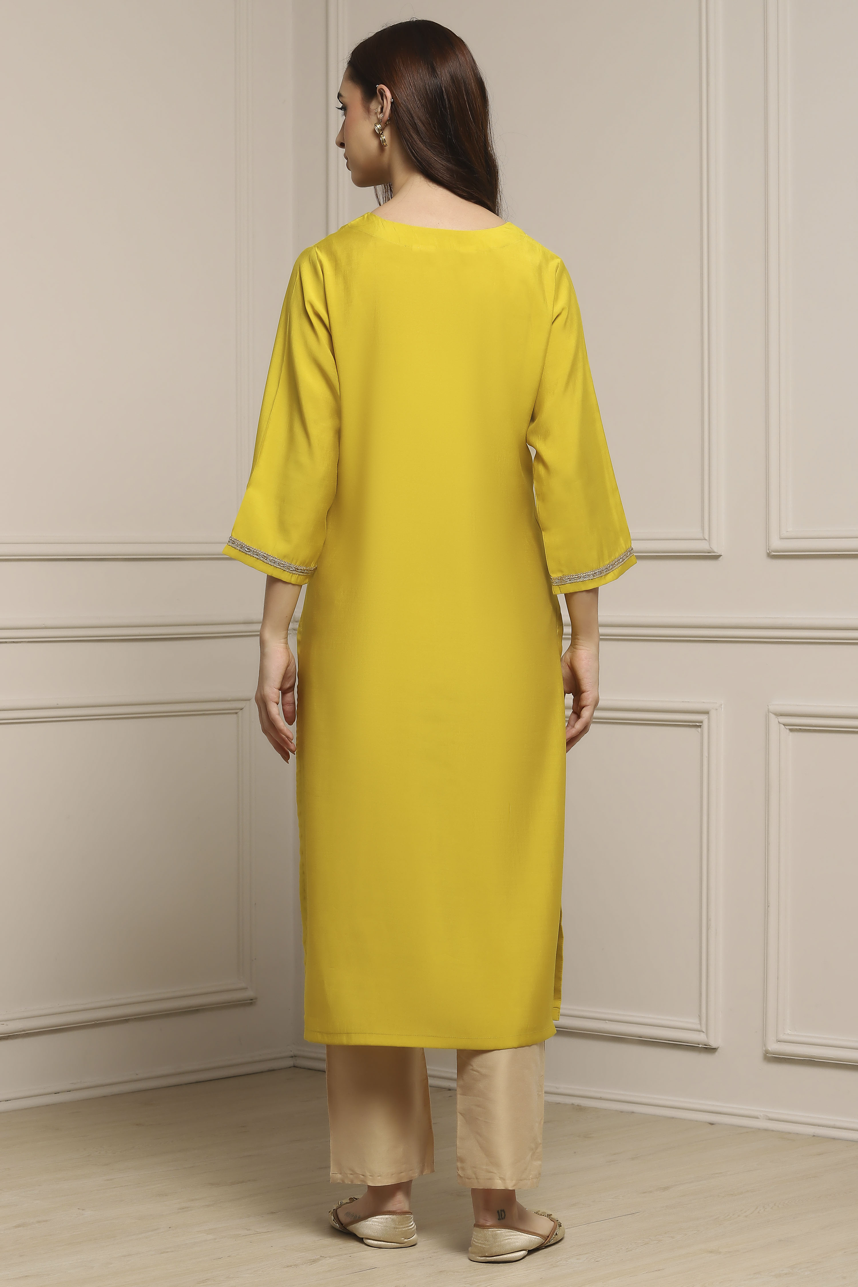 Lime Green Viscose Blend Straight Kurta image number 3